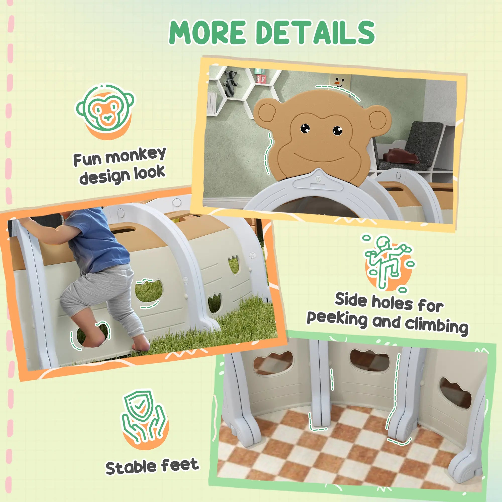 Monkey Design Kids Play Tunnel for Crawl and Climb, for 3-6 Years, Brown