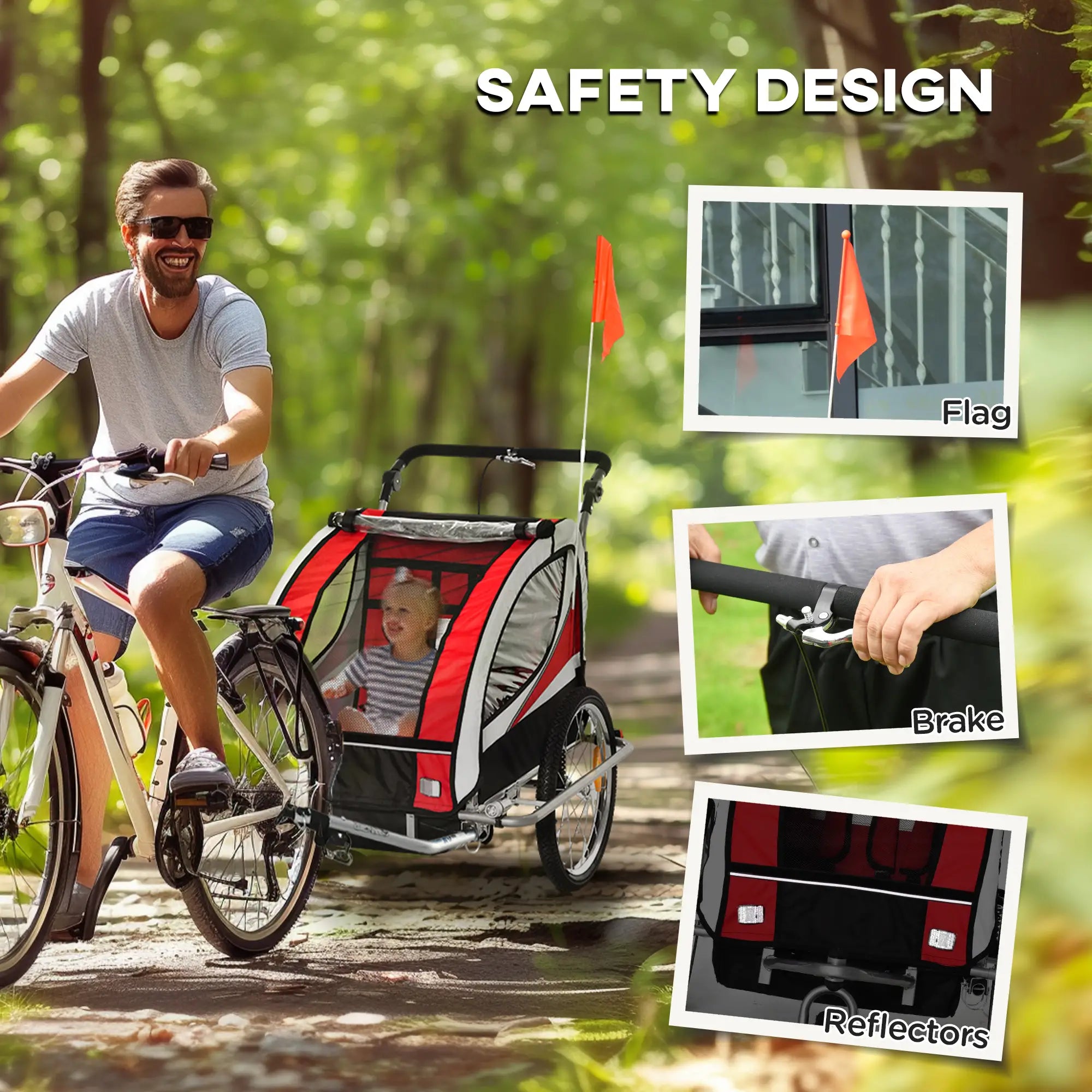 Baby Bike Trailer, Child Bicycle Trailer with 5 Point Harness, Steel Frame, Reflectors, Safety Flag, Hitch Coupler, Red