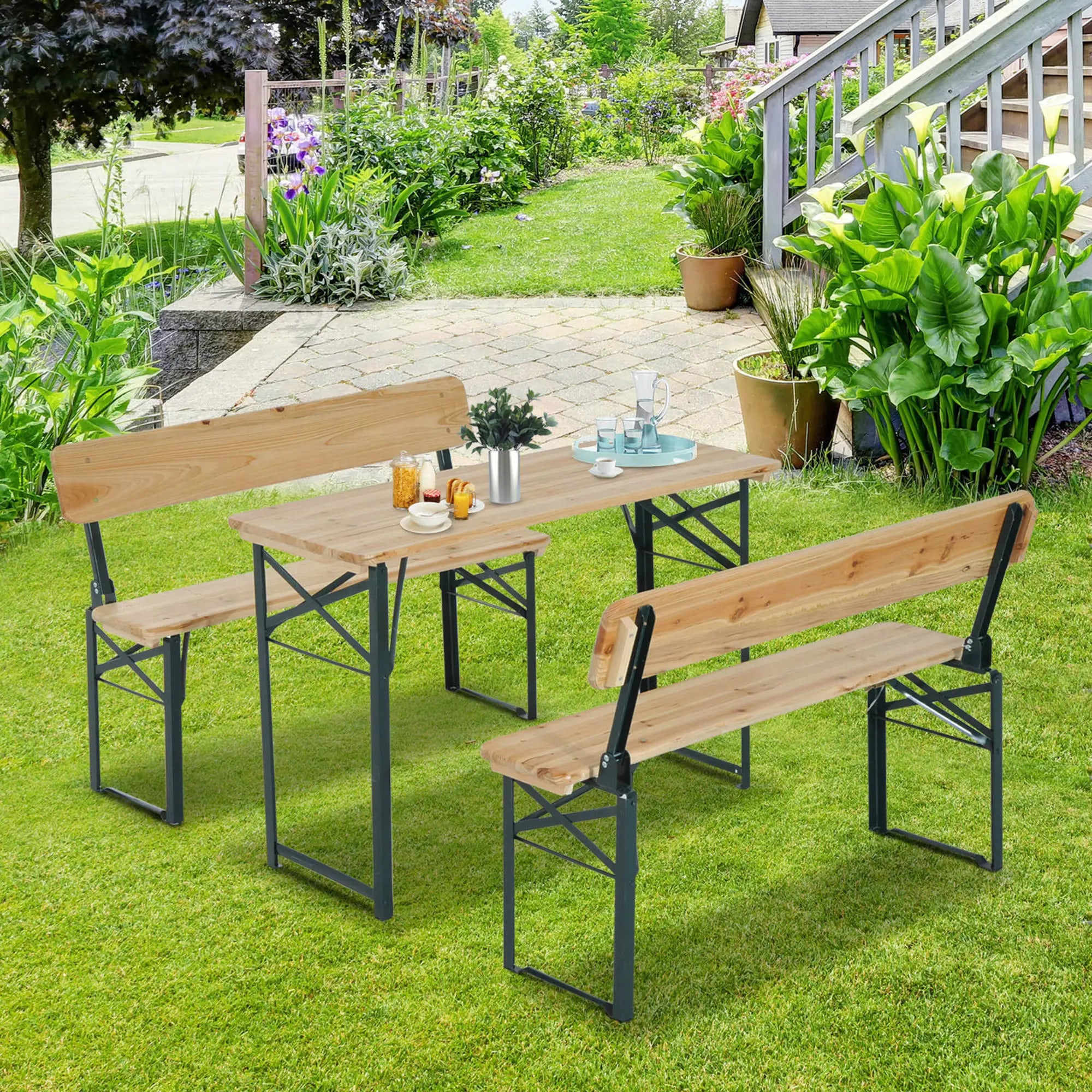 Portable Folding Camping Picnic Trestle Beer Table and 2 Bench Set Wooden Garden Furniture Patio Dining Party BBQ Chairs Stools