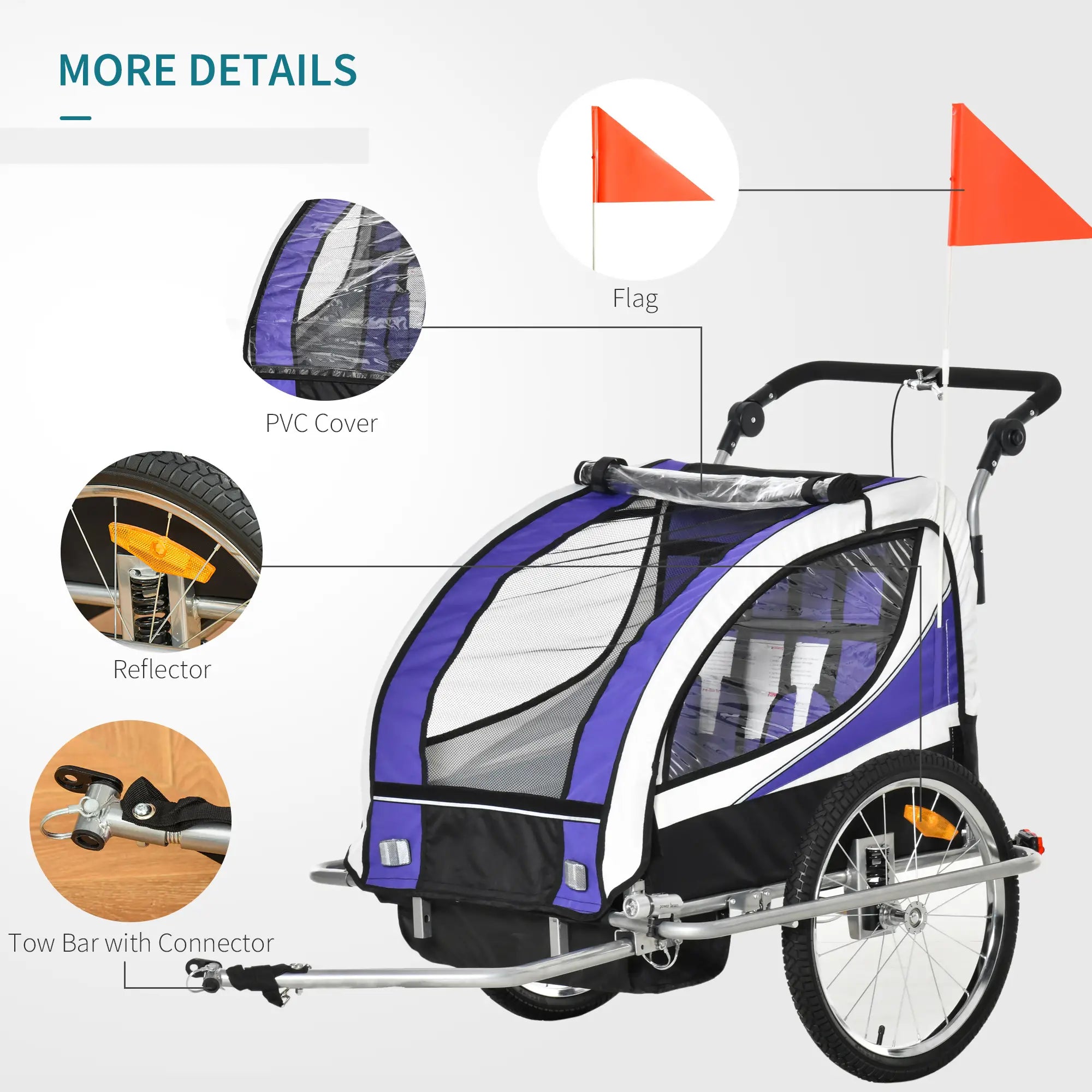Baby Bike Trailer, Child Bicycle Trailer with 5 Point Harness, Steel Frame, Reflectors, Safety Flag, Hitch Coupler, Purple