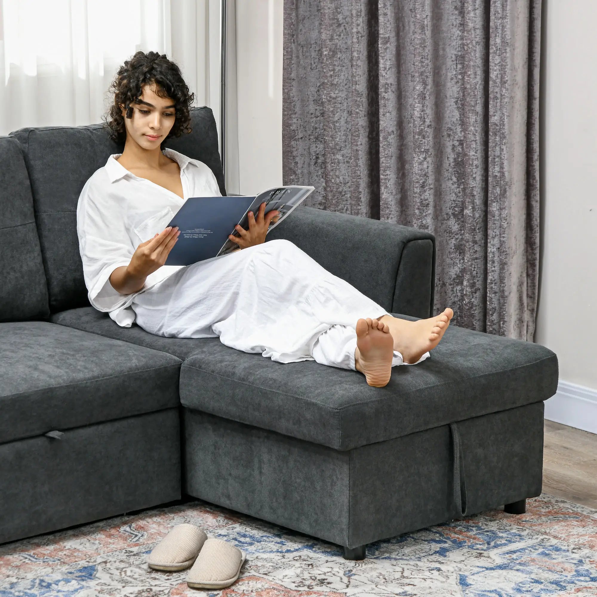 3 Seater Sofa Bed, L Shaped Pull Out Sofa Bed with Storage, Convertible Click Clack Settee Sectional Sleeper Futon for Living Room, Office, Dark Grey