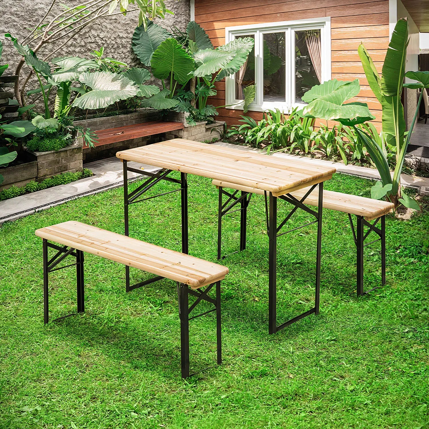 Portable Folding Camping Picnic Trestle Beer Table and Bench Set Garden BBQ Chairs Stools Wooden Wood (120cm(L) x 25cm(W) x 46cm(H))