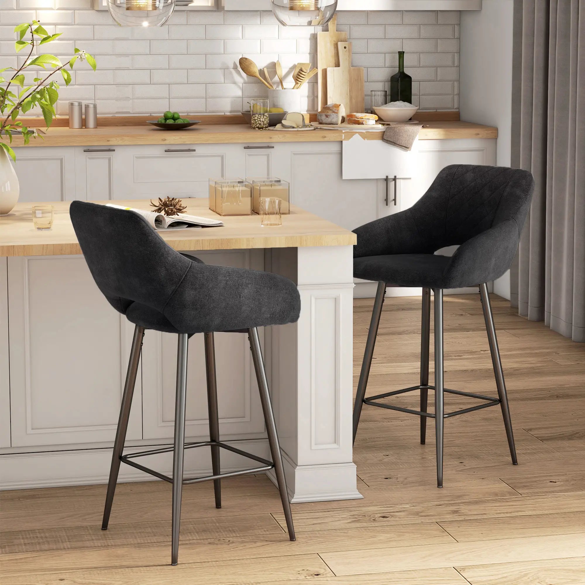 Set of Two Velvet-Feel Bar Stools - Grey