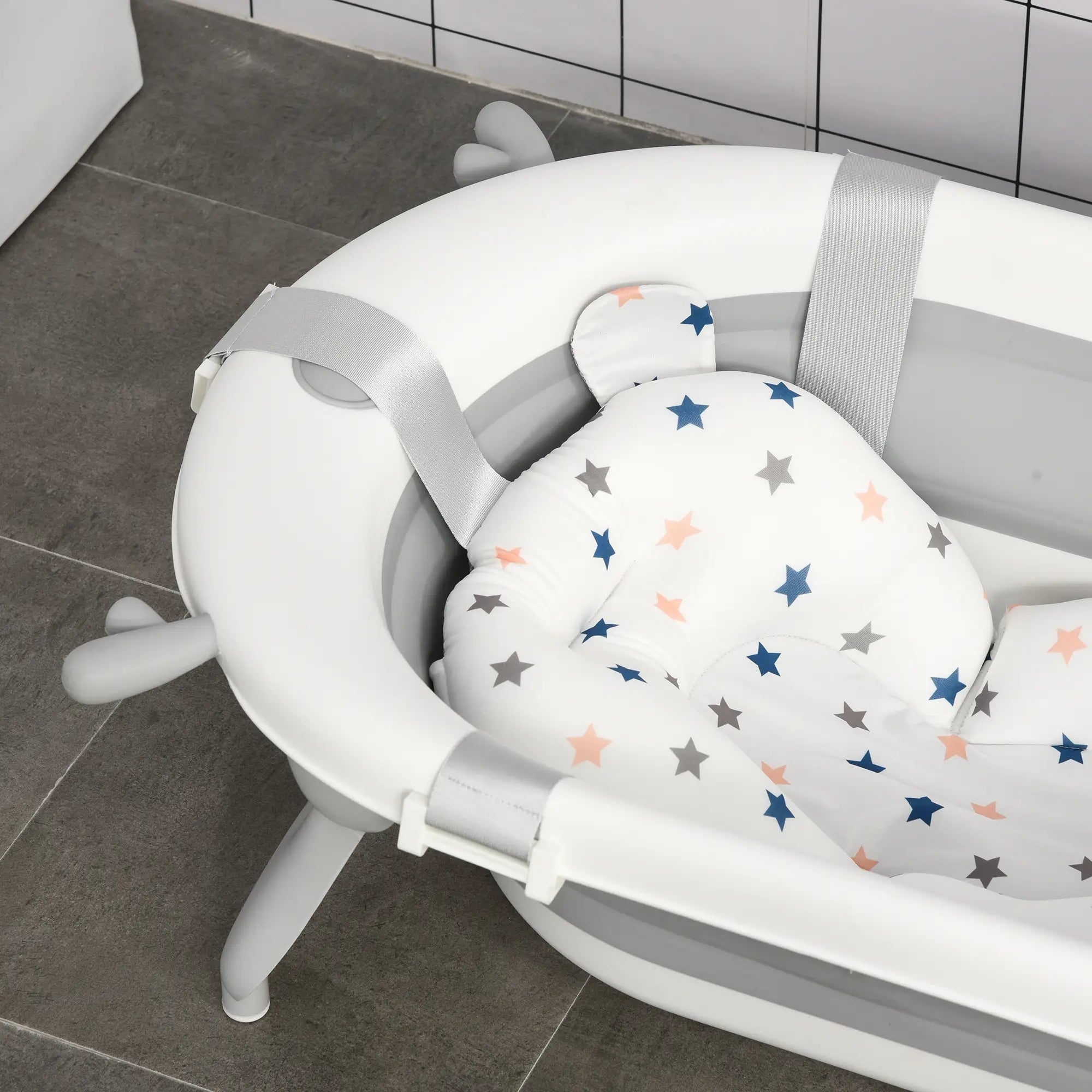 Foldable Baby Bathtub Set, Collapsible Bath Tub with Thermostatic Water Plug, Non-Slip Support, Cushion Pad, Drain Plugs, for Newborn to 3 Years - Offwhite
