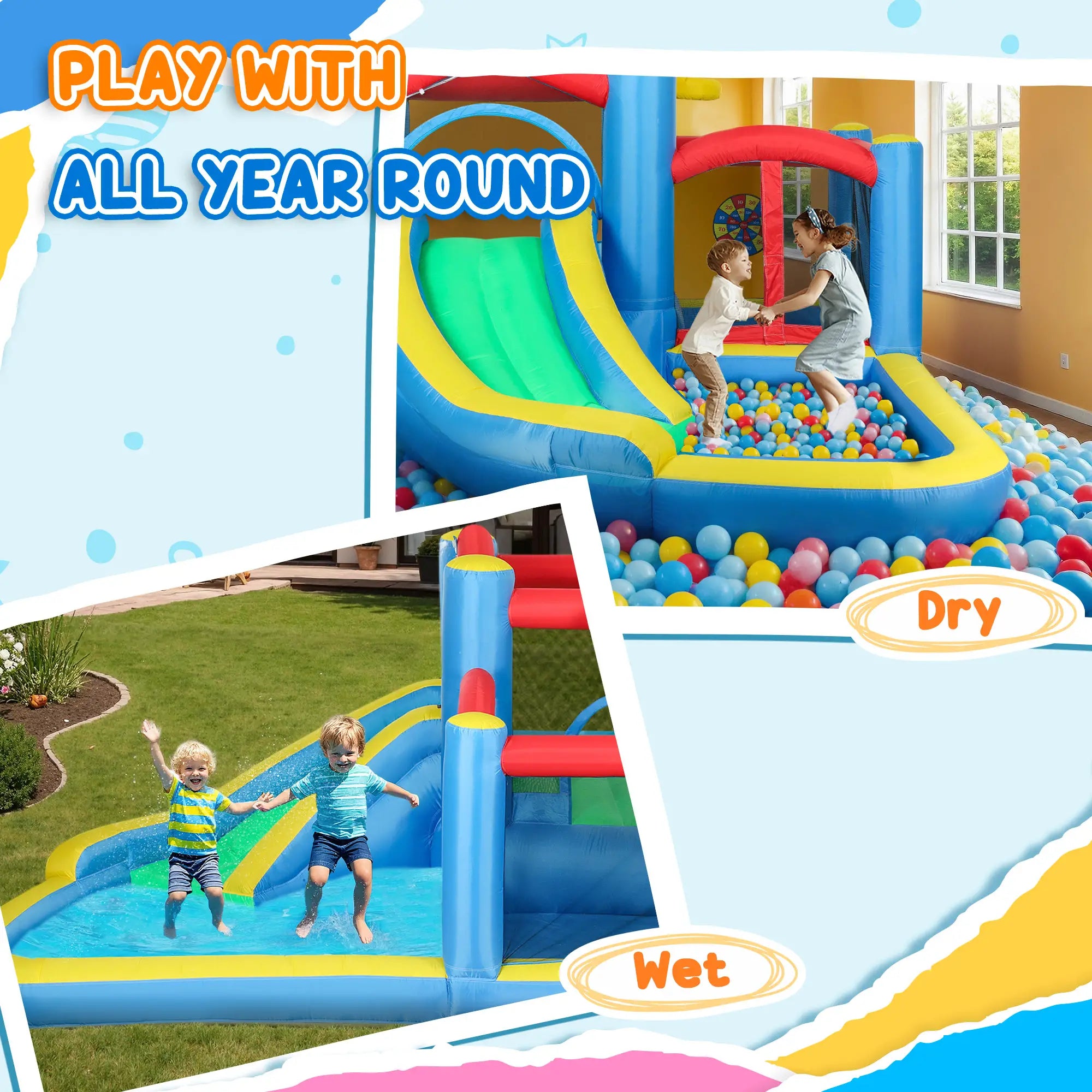 Inflatable Bouncy Castle with 550W Blower, Basketball Hoop, Long Slide, Dart Board, Carrying Bag, 385 x 290 x 180 cm