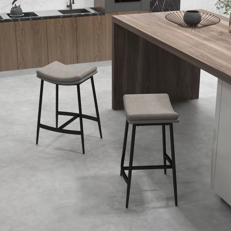 Breakfast Bar Stools Set of 2, Microfibre Upholstered Barstools, Industrial Bar Chairs with Curved Seat and Steel Frame for Dining Room, Kitchen, Grey