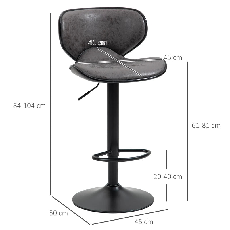 Adjustable Bar Stools Set of 2, Swivel Leathaire Upholstered Barstools with Large Seat, Breakfast Bar Chairs with Back, Footrest and Steel Base, Dark Grey