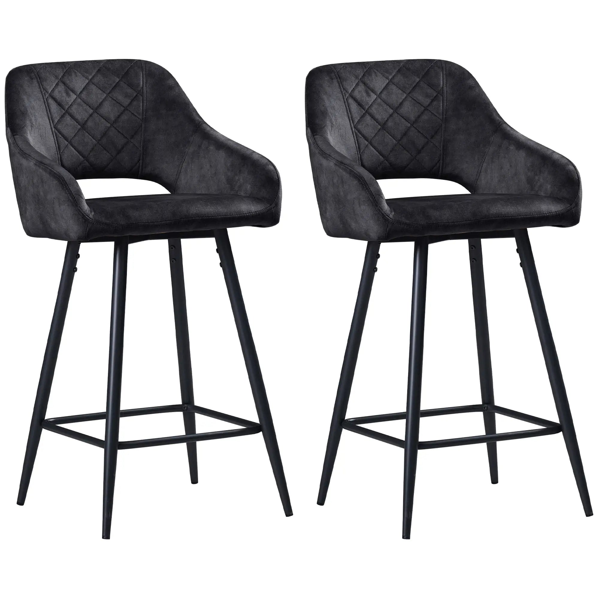 Set of Two Velvet-Feel Bar Stools - Grey