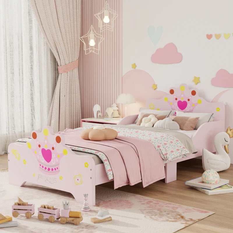 Kids Toddler Bed Princess Crown Theme Safety Side Rails Slats Home Bedroom Furniture Boys Girls 3-6 Yrs Pink 143 x 73 x 60 cm