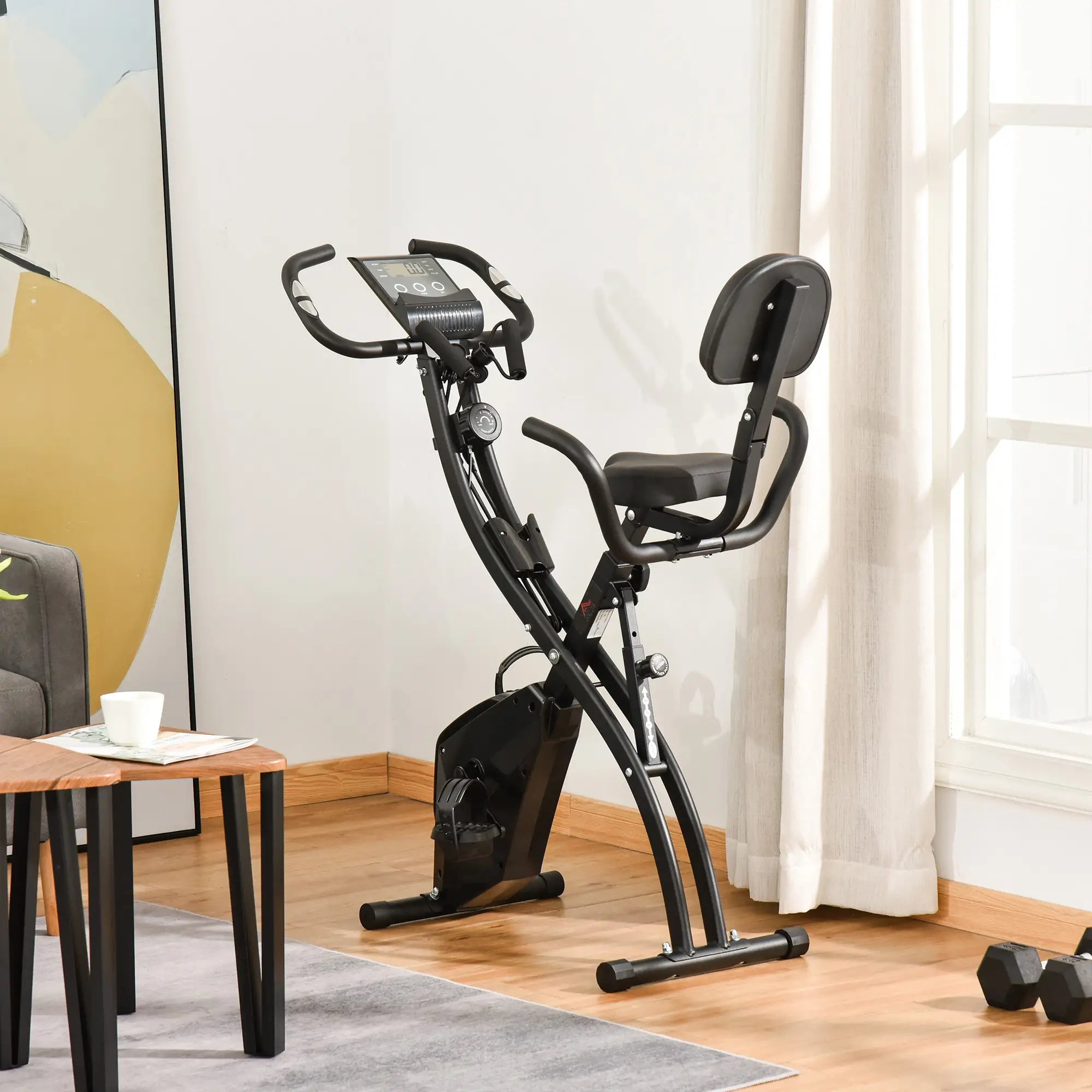2-in-1 Folding Exercise Bike with 8-Level Magnetic Resistance, Arm Resistance Band, Pulse Sensor, Black