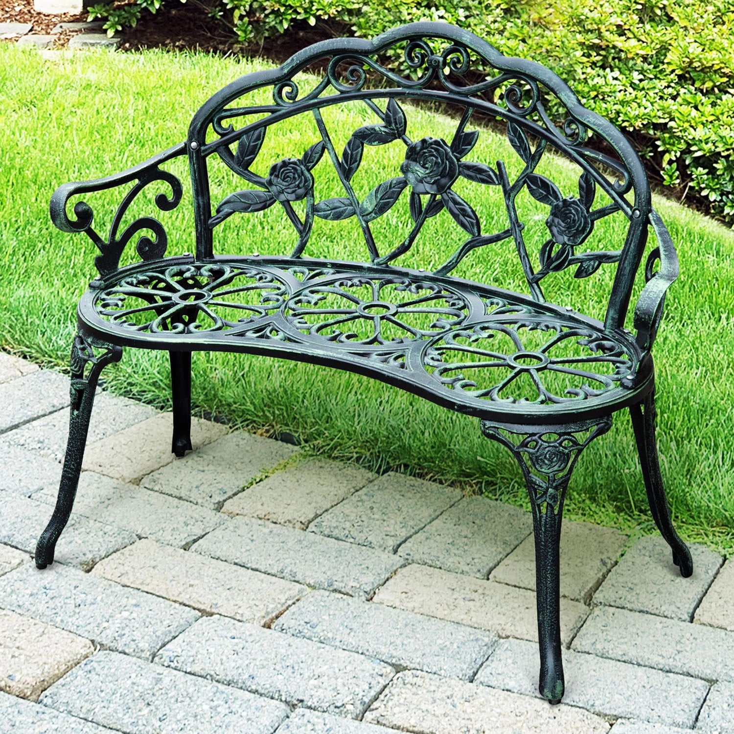 Cast Aluminum Garden Bench-Antique Green