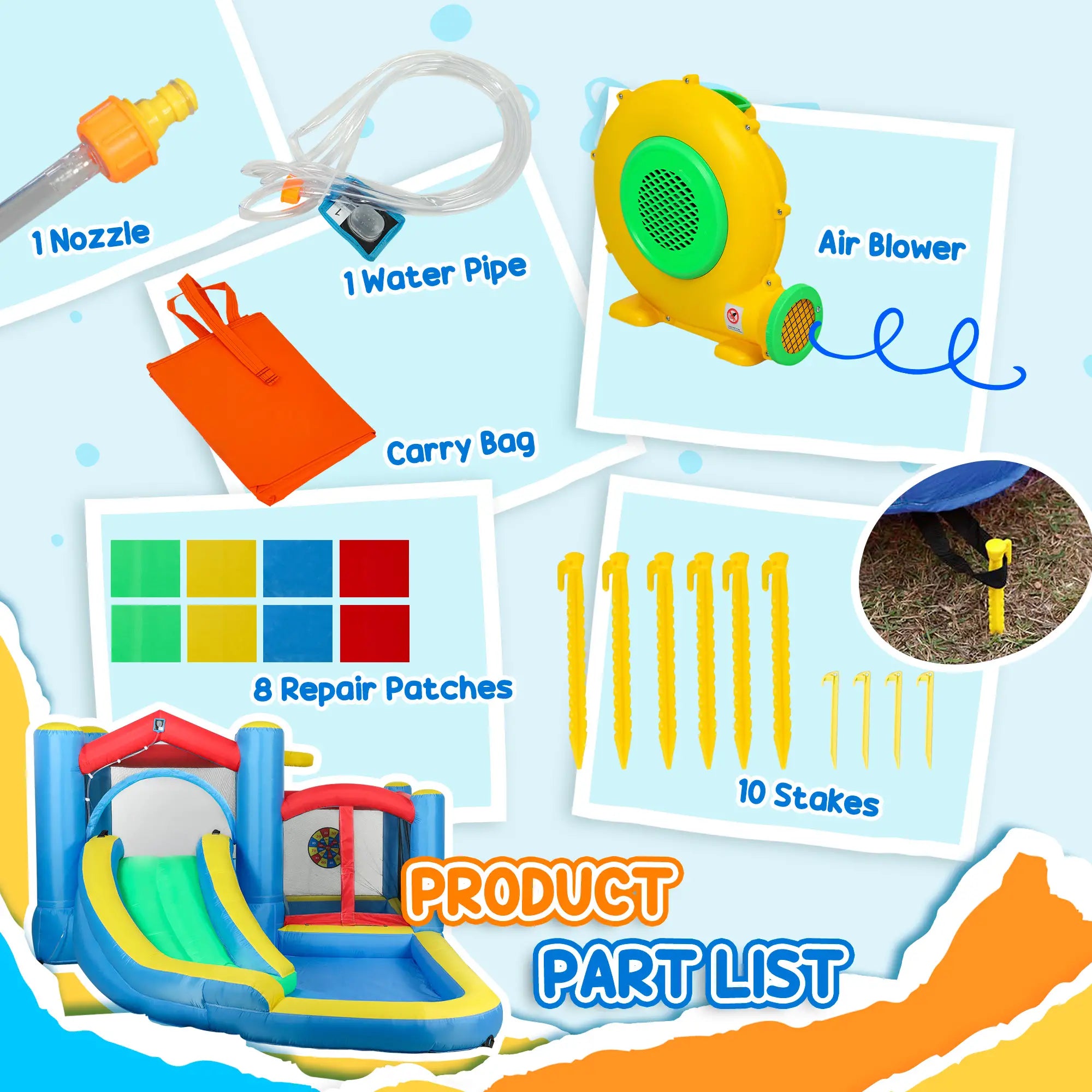 Inflatable Bouncy Castle with 550W Blower, Basketball Hoop, Long Slide, Dart Board, Carrying Bag, 385 x 290 x 180 cm