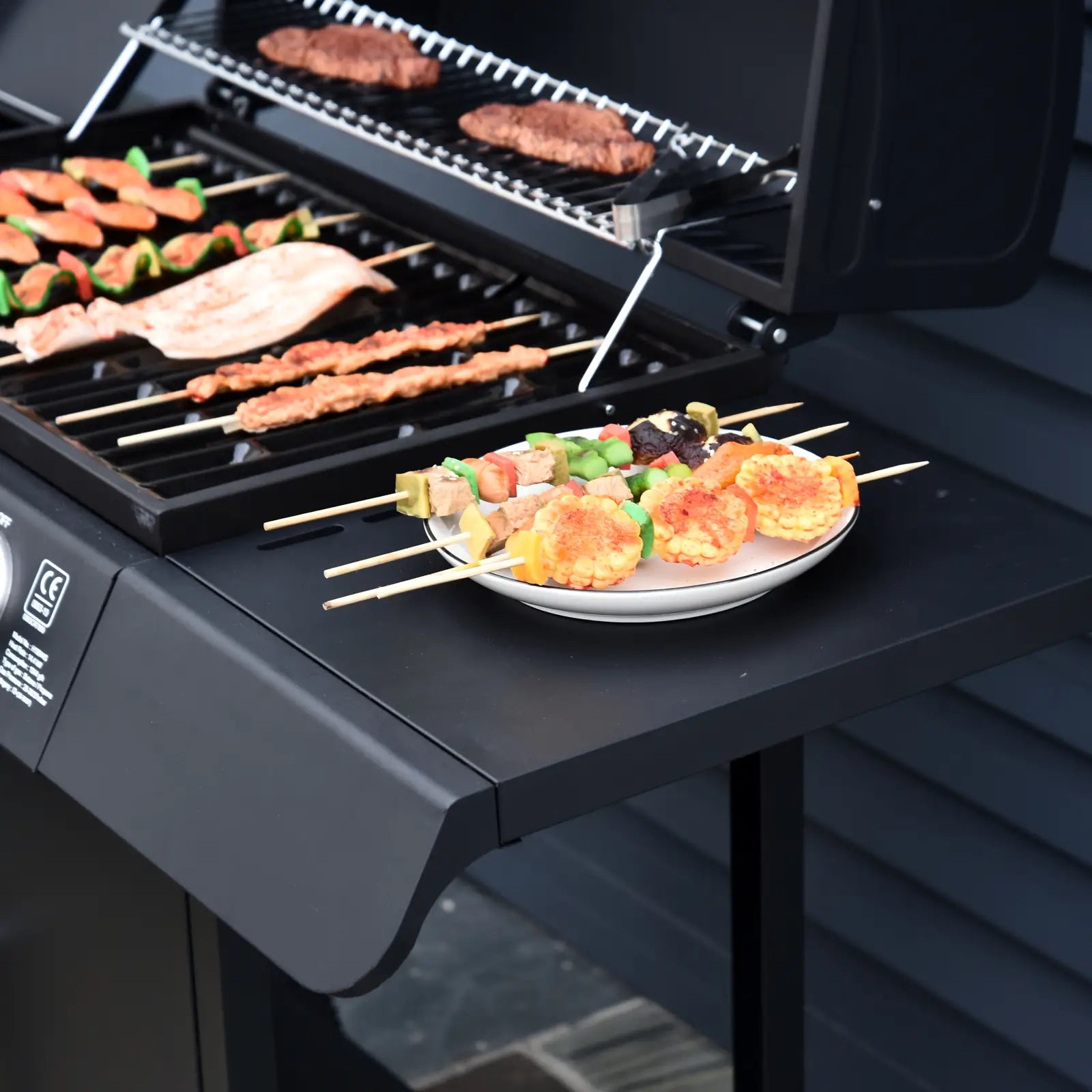 4+1 Burner Gas BBQ Grill, Outdoor Barbecue Trolley with Wheels, Warming Rack, Side Shelves, Cabinet, Thermometer for Garden, Party, Camping, 125 L x 51 W x 100 H cm, Black