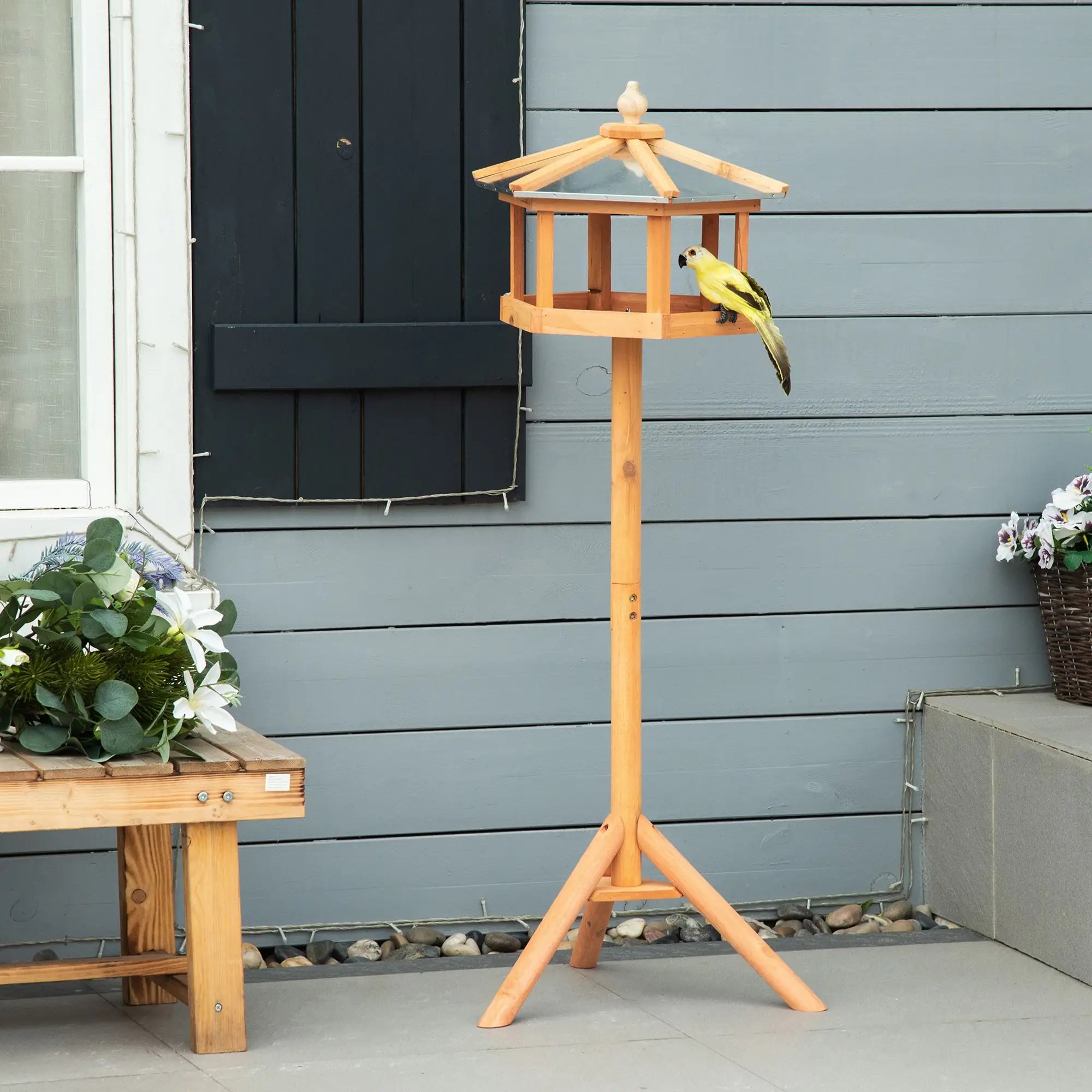 Wooden Bird Table Free Standing Feeder Garden Sheltered Feeding Station Parrot Stand Birdhouse Φ40x113cm