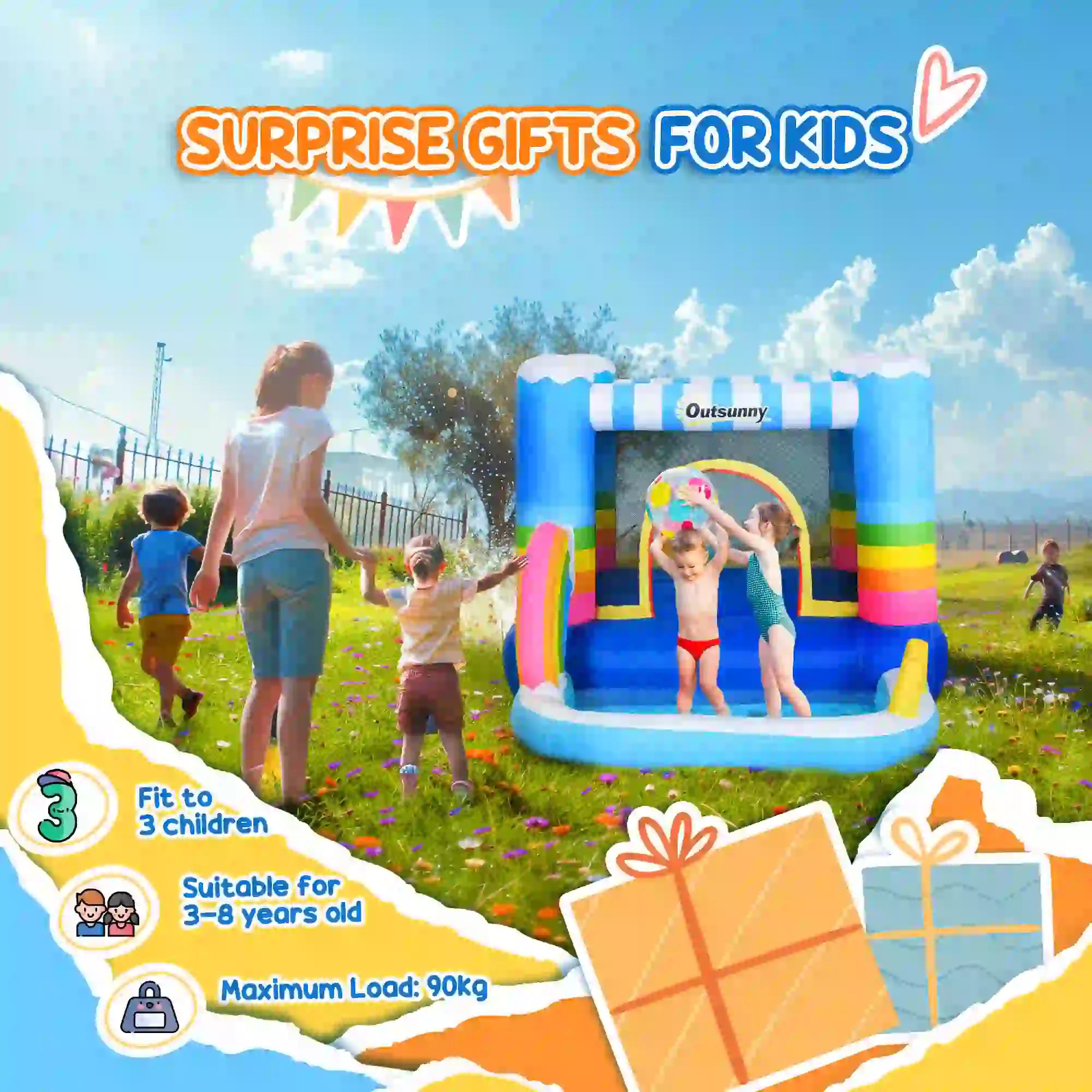 Kids Bounce Castle Inflatable House with Trampoline Pool Climbing Wall with Inflator Carrybag, 2.8 x 1.7 x 1.55m