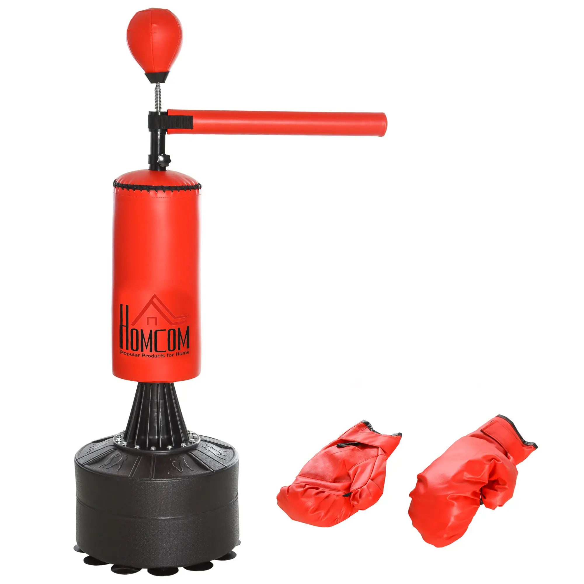 155-205cm 3-IN-1 Freestanding Boxing Punching Bag Stand, Boxing Speed Trainer with Rotating Flexible Arm, Speed Ball, Fillable Base, Red