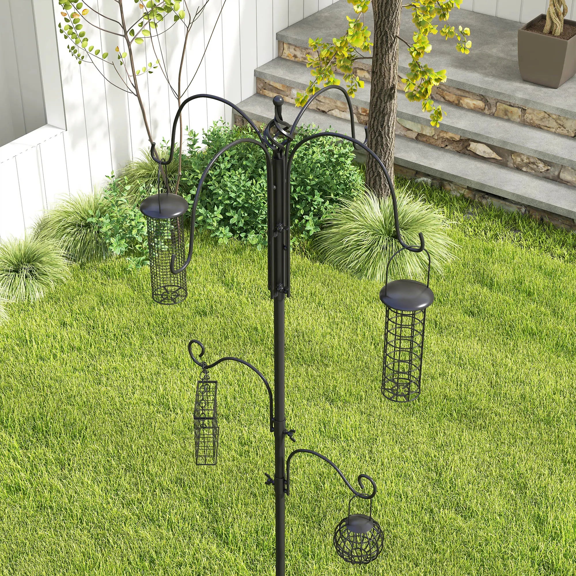 Bird Feeding Station Kit, Wild Bird Feeder Pole with 6 Hooks, 4 Hanging Feeders for Peanuts, Seed, Fat Balls, for Garden, Outdoor, Black