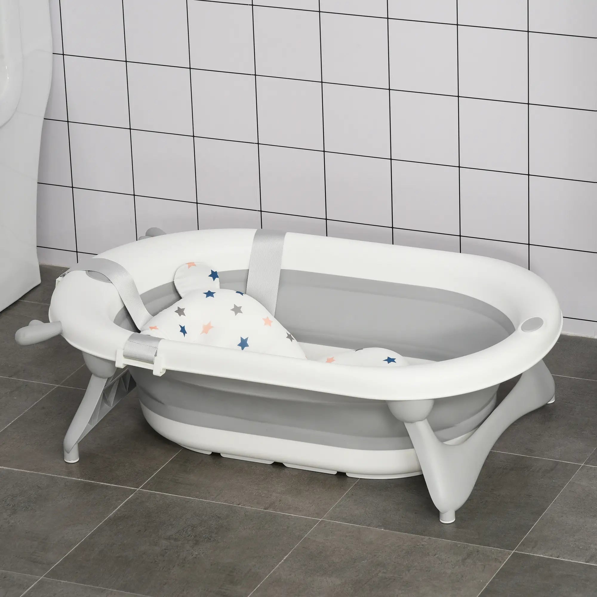 Foldable Baby Bathtub Set, Collapsible Bath Tub with Thermostatic Water Plug, Non-Slip Support, Cushion Pad, Drain Plugs, for Newborn to 3 Years - Offwhite