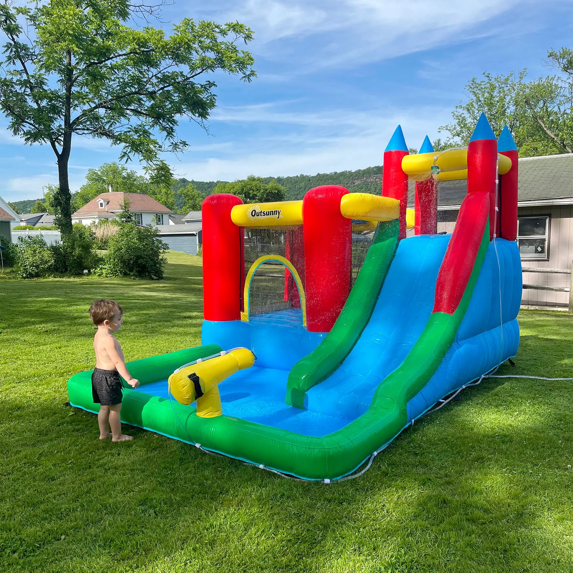 Kids Inflatable Bouncy Castle Water Slide 6 in 1 Bounce House Jumping Castle Water Pool Gun Climbing Wall Basketball Hoop with Air Blower for Summer Playland