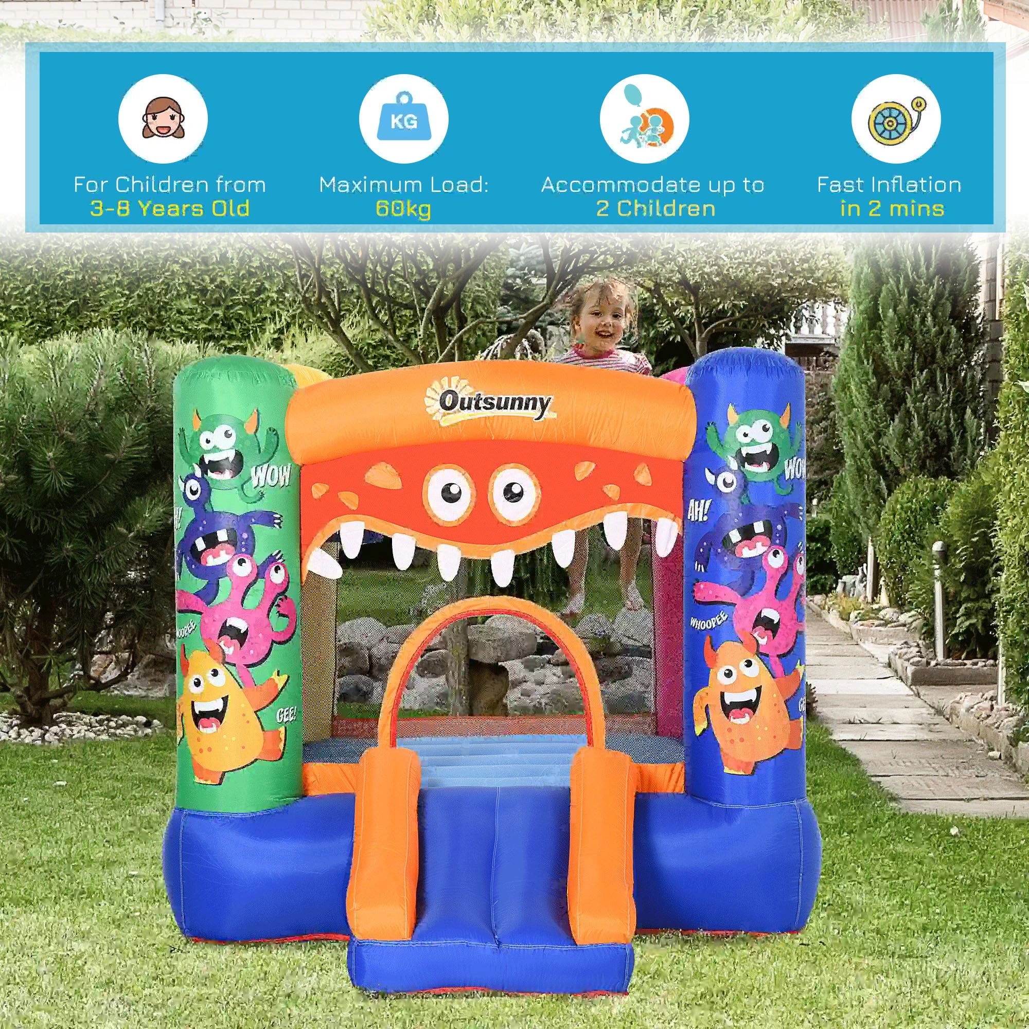 Bouncy Castle Inflatable Basket Trampoline Slide Monster Design 180 x 250 x 175 (CM)