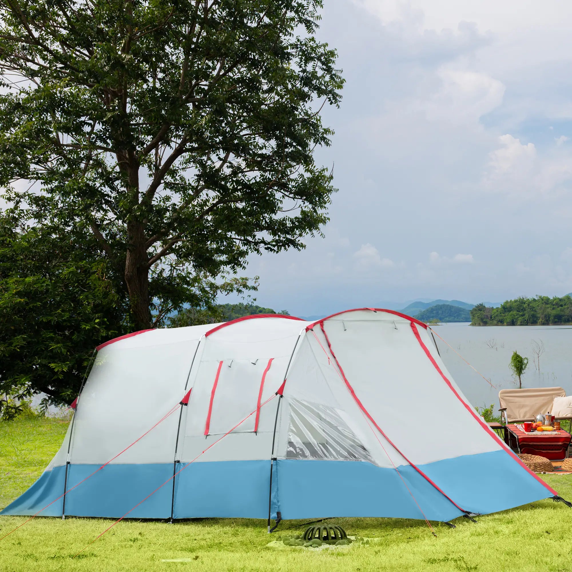 6-8 Person Tunnel Tent, Camping Tent with Bedroom, Living Room, Sewn-in Floor, 3 Doors and Carry Bag, 2000mm Water Column for Fishing, Hiking, Sports, and Traveling, Blue