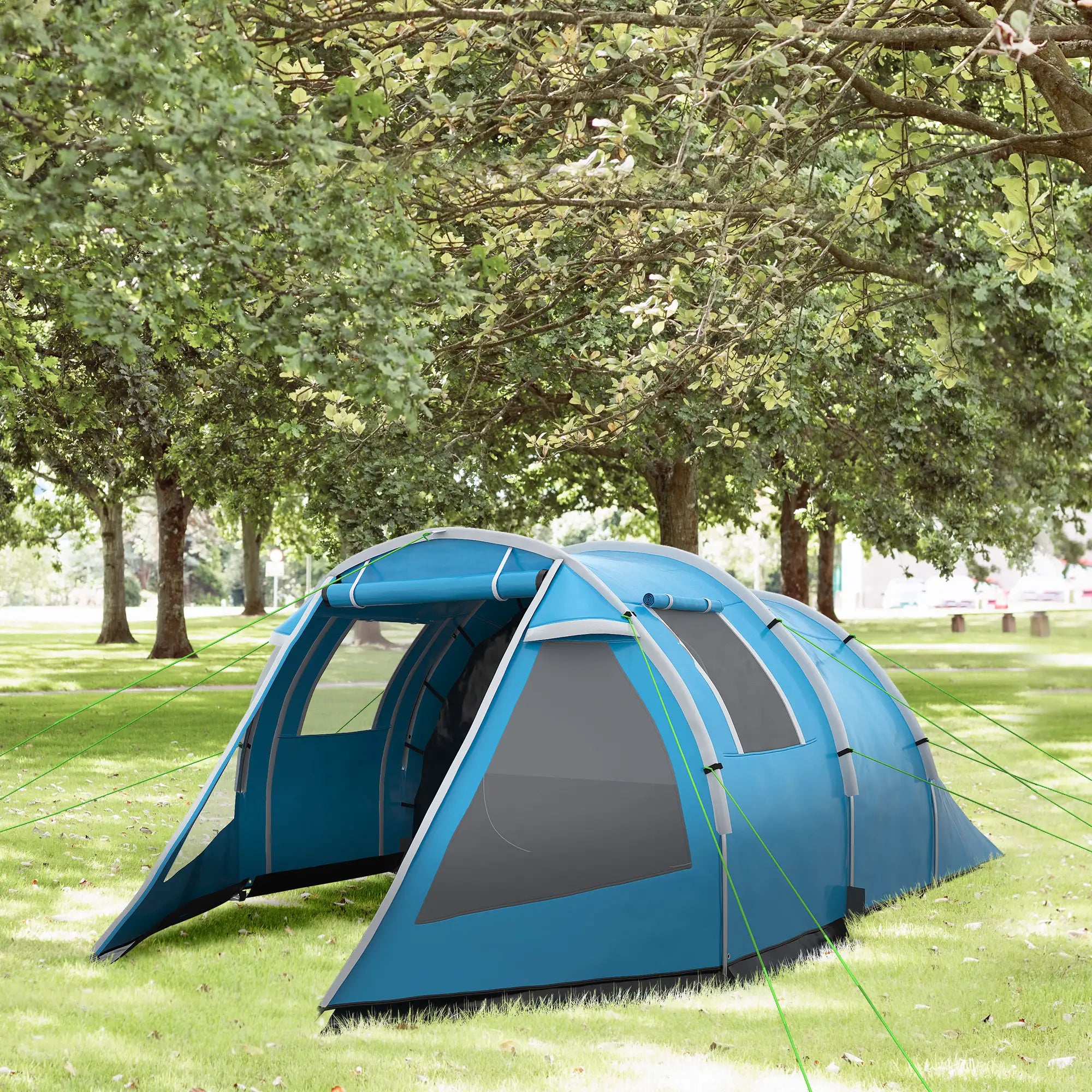 3-4 Man Tunnel Tent, Two Room Camping Tent with Windows, Portable Carry Bag, for Fishing, Hiking, Sports, Festival - Blue
