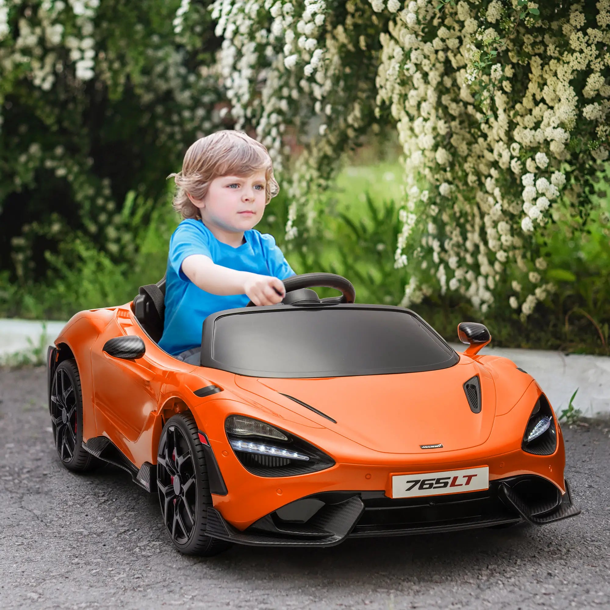 McLaren 765LT Licensed 12V Kids Electric Ride on Car with Butterfly Doors, Remote Control, Transport Wheels, Orange