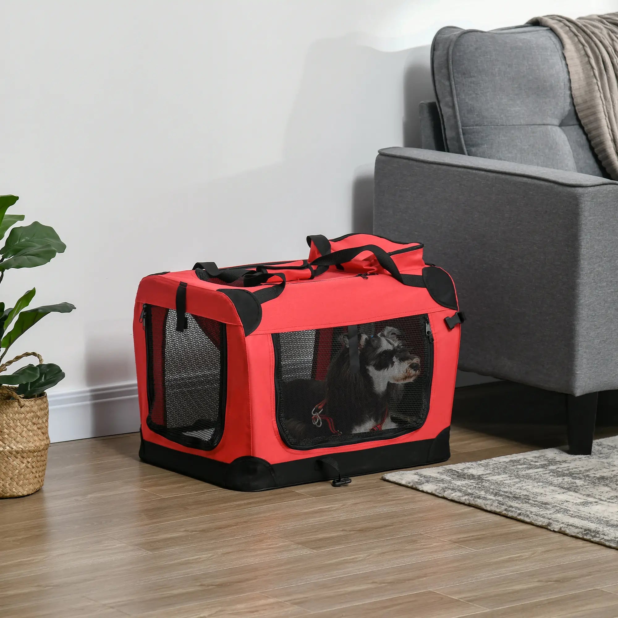 Foldable Pet Carrier for Small and Miniature Dogs, Portable Cat Carrier Soft Side Pet Travel Crate with Removable Mat, Storage Bags, Breathable Mesh Window 60 x 42 x 42cm - Red