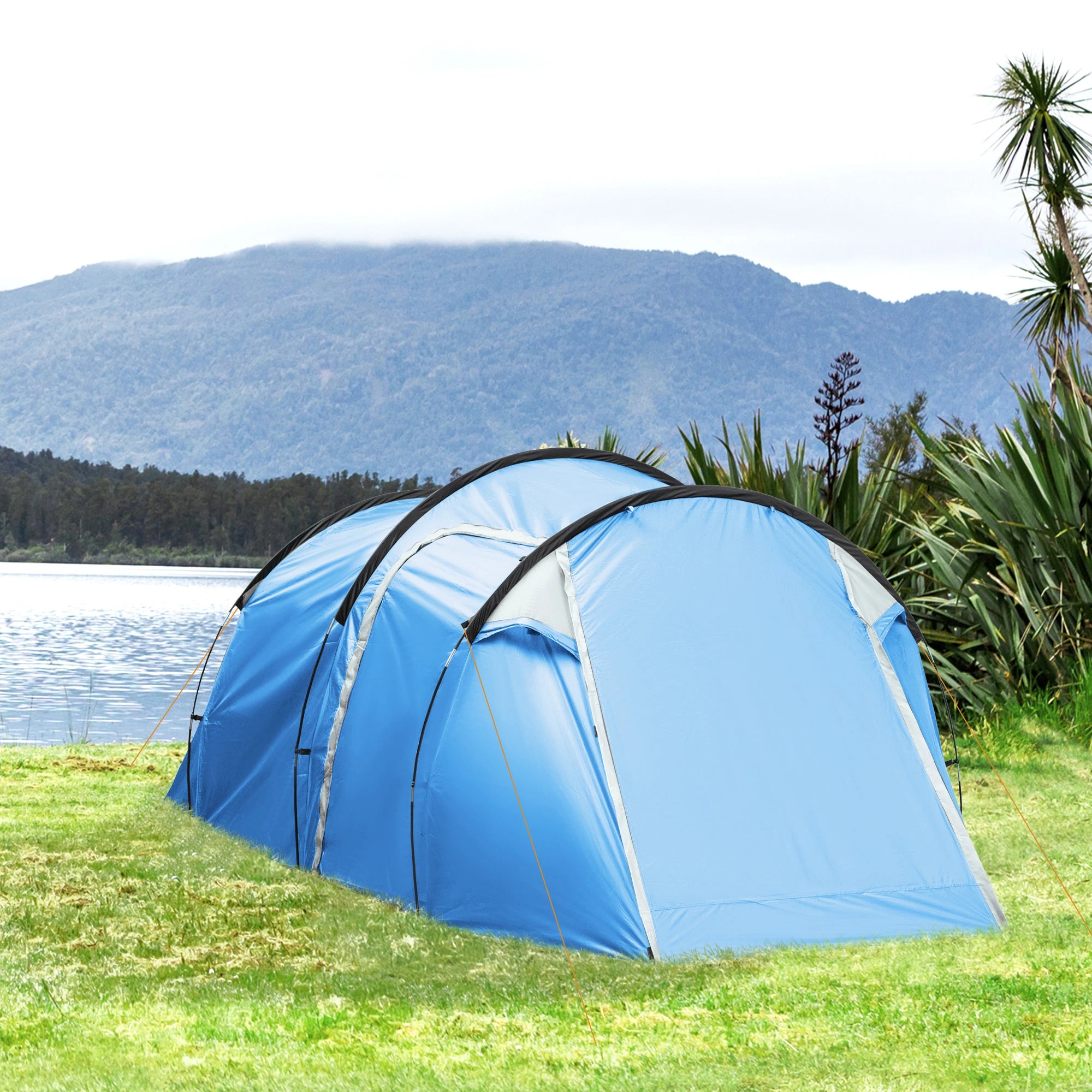 2-3 Man Tunnel Tent with Vestibule, Weather-Resistant Camping Tent with Air Vents for Fishing Hiking, Light Blue & Grey