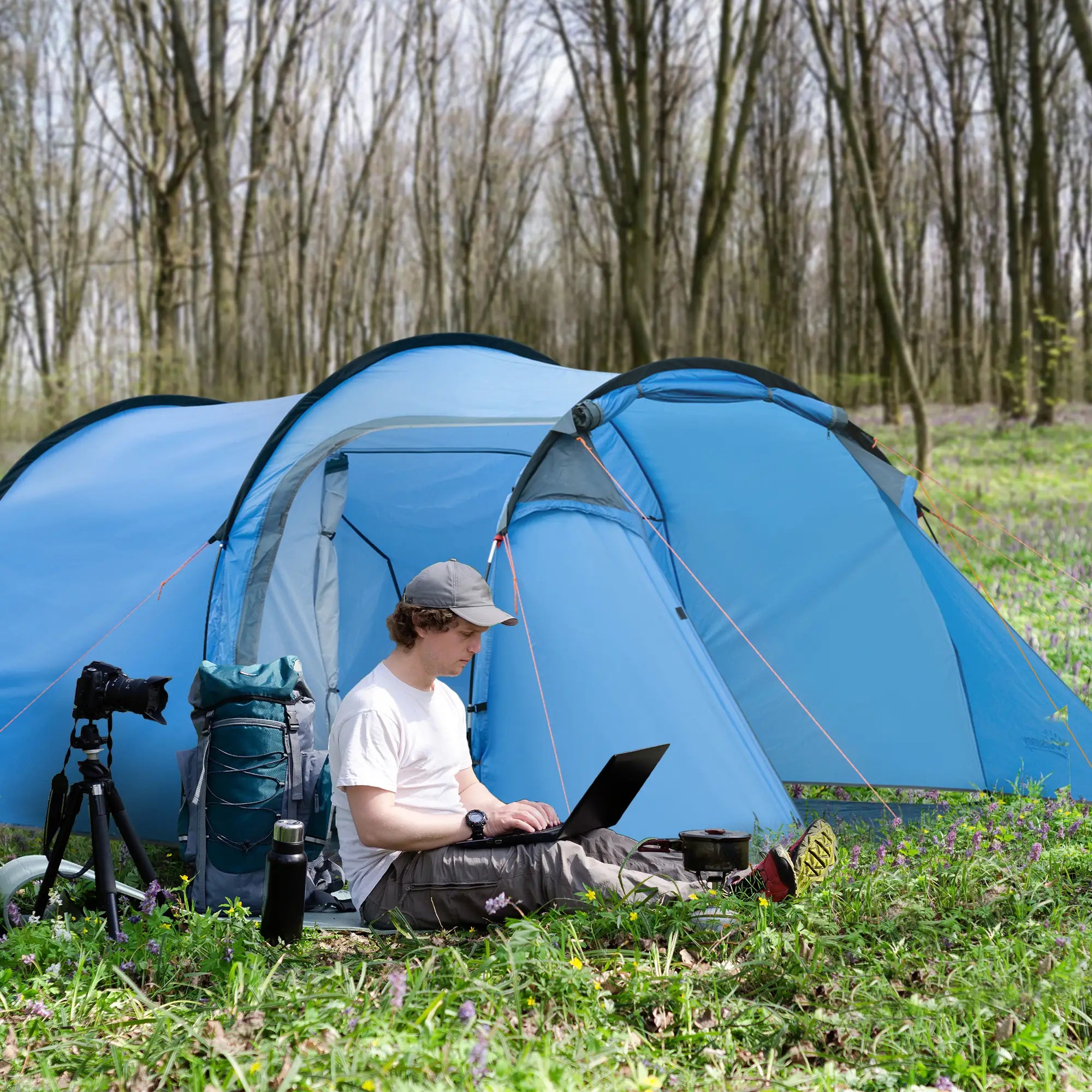 2 Room Tent with Vestibule, Weather-Resistant Camping Tent with Air Vents for Fishing Hiking, Sky Blue