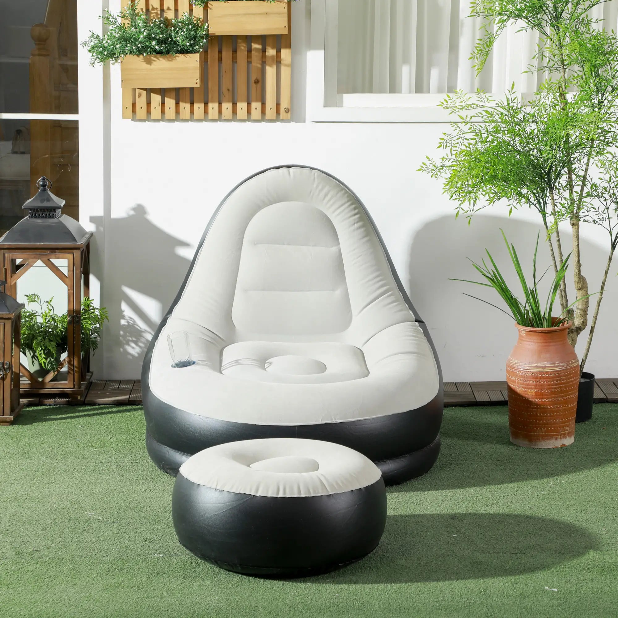 Inflatable Tub Chair and Footstool, Grey