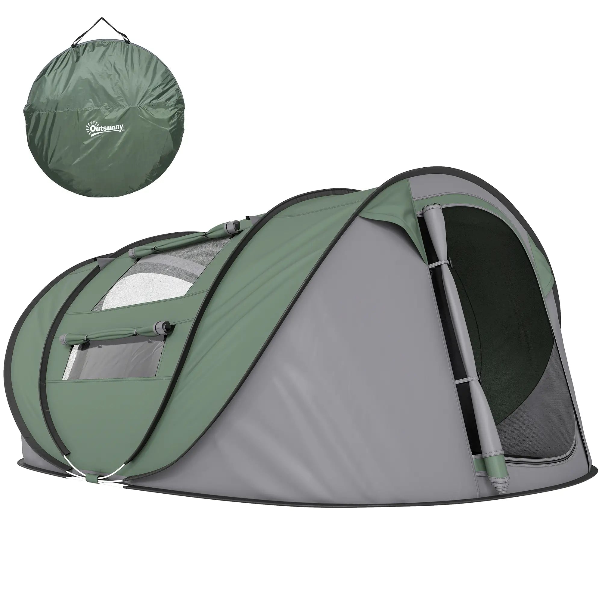 4 Person Pop-up Camping Tent Family Tent with Ground Sheet, 4 Windows and Portable Carry Bag for Beach Outdoor Trip, Dark Green