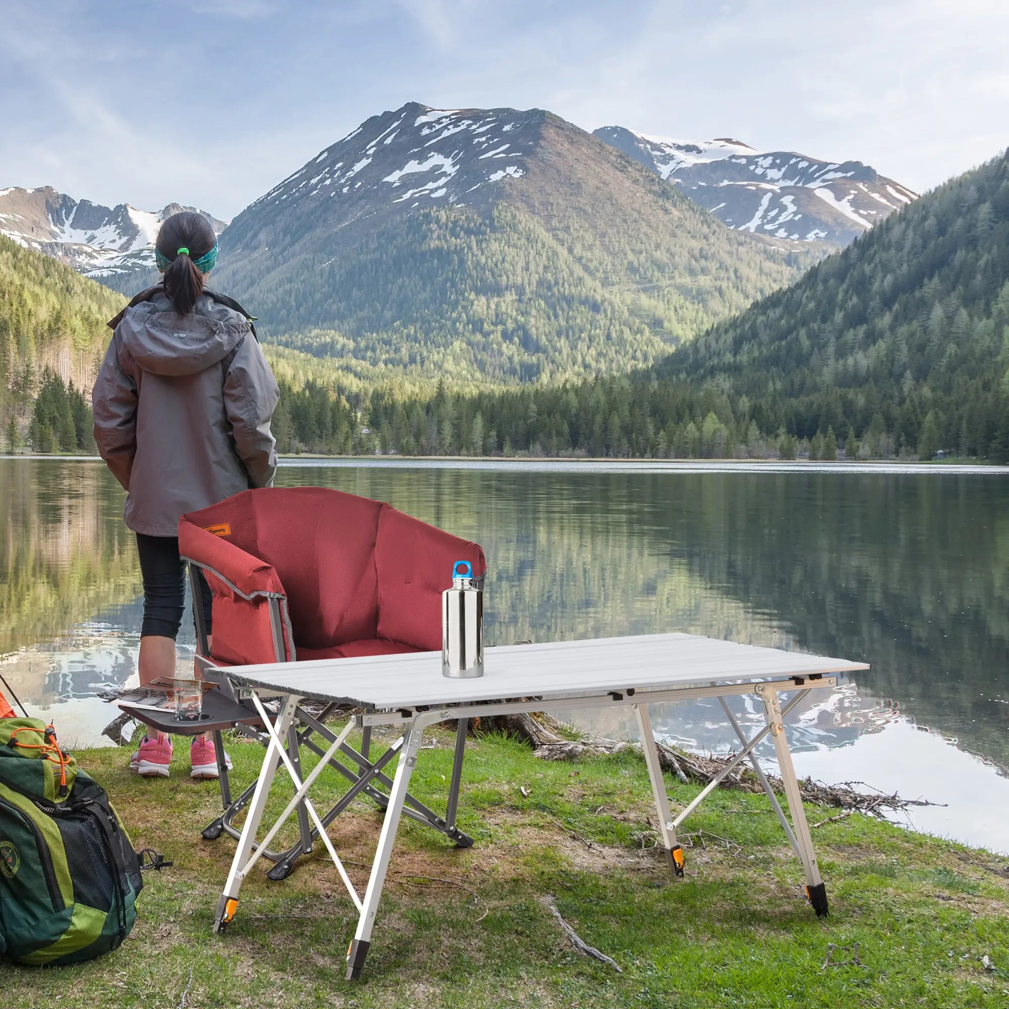 4FT Folding Aluminium Picnic Table Portable Camping BBQ Table Roll Up Top Mesh Layer Rack with Carrying Bag