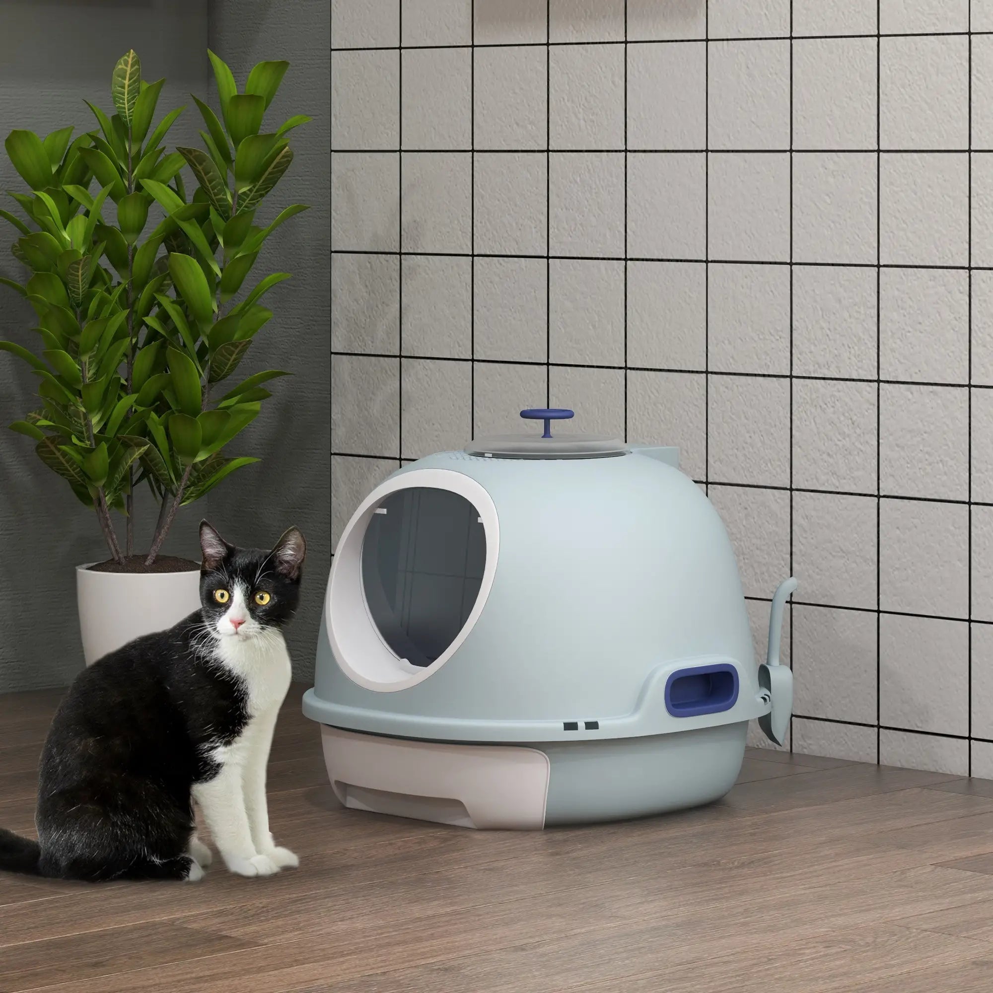 Cat Litter Box Toilet with Litter Scoop Enclosed Drawer, Front Entry Top Exit, Easy To Clean Blue