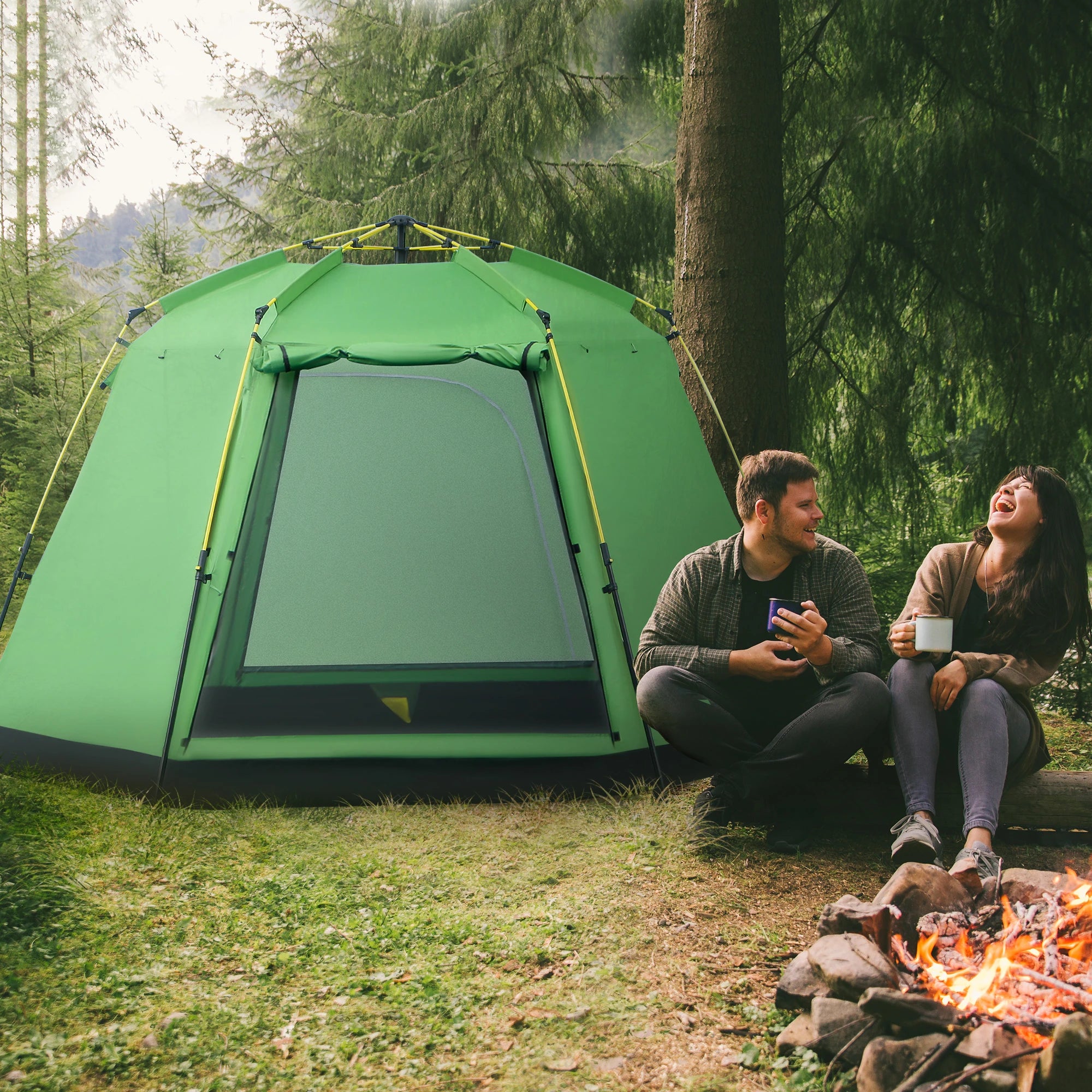 6 Person Pop Up Camping Tent, 2-Tier Design Backpacking Tent with 4 Windows 2 Doors Portable Carry Bag for Fishing Hiking, Green