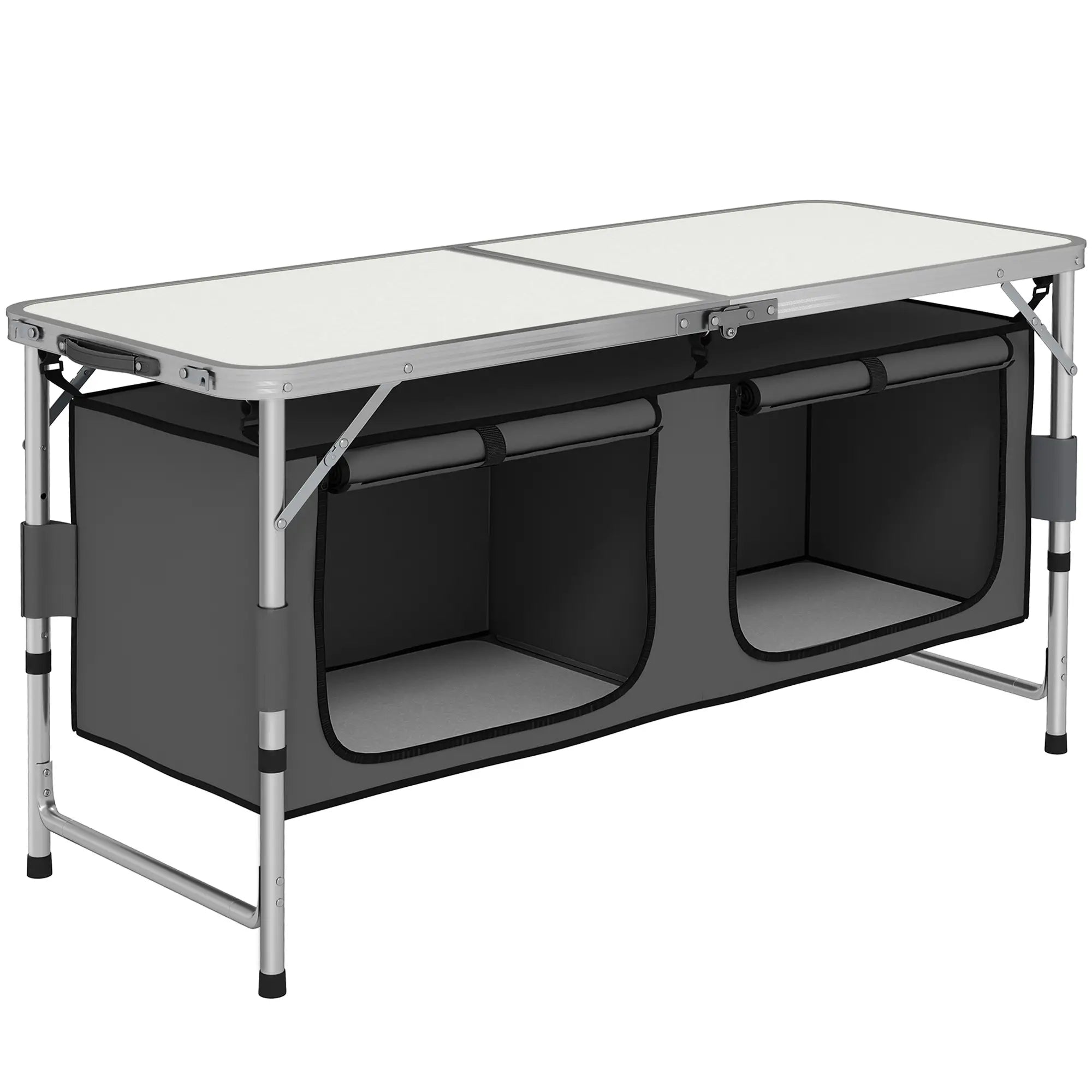 4ft Folding Camping Cupboard Kitchen, Height Adjustable Aluminium Camping Table with Storage, Lightweight Picnic Table for Outdoor Garden BBQ Party