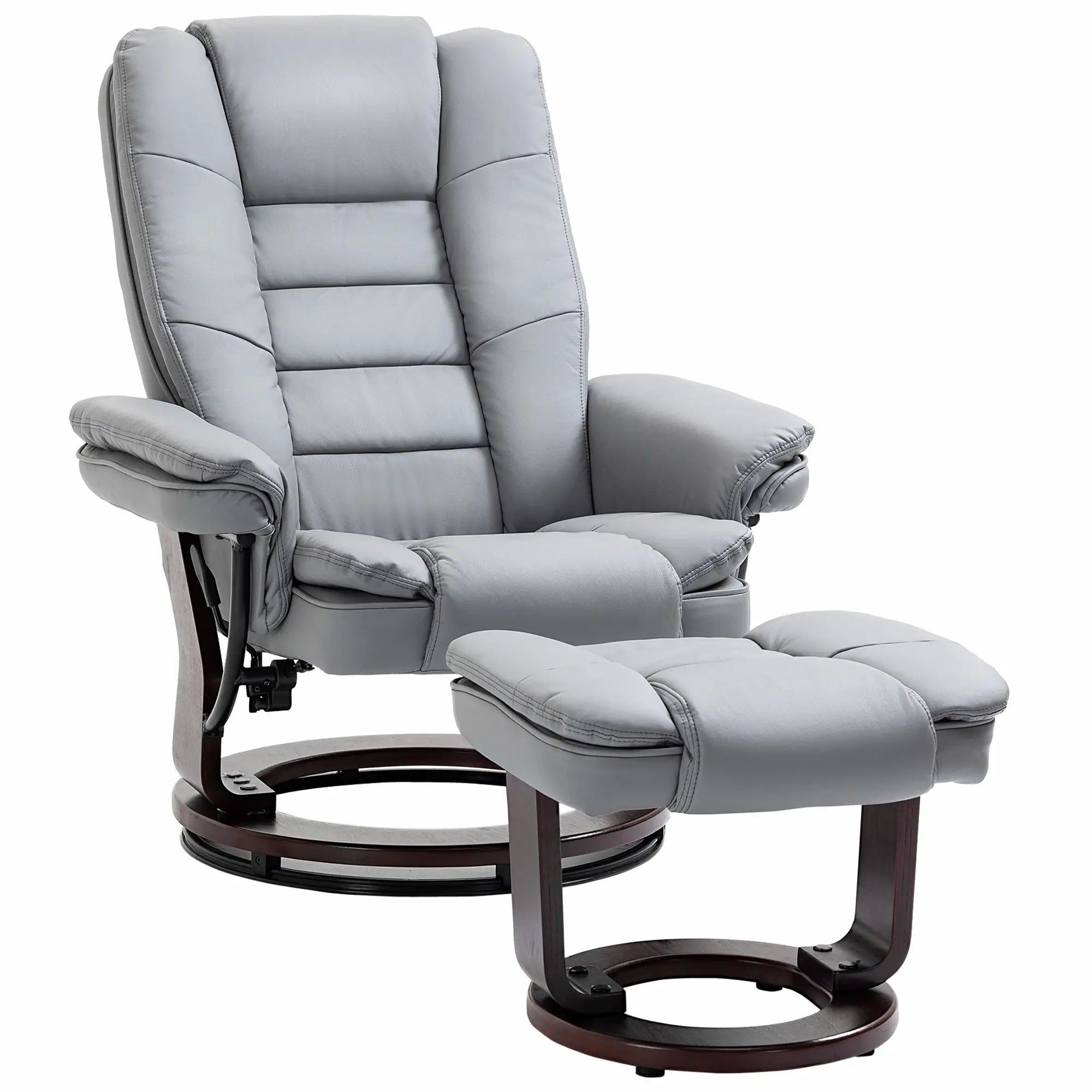 Recliner Chair With footstool, Recliner Armchair up to 130kg Weight Capacity, 135° Reclining Swivel Sofa Chair, PU Leather Ergonomic Couch Bed with Swivel Wood Base for Living Room, Grey