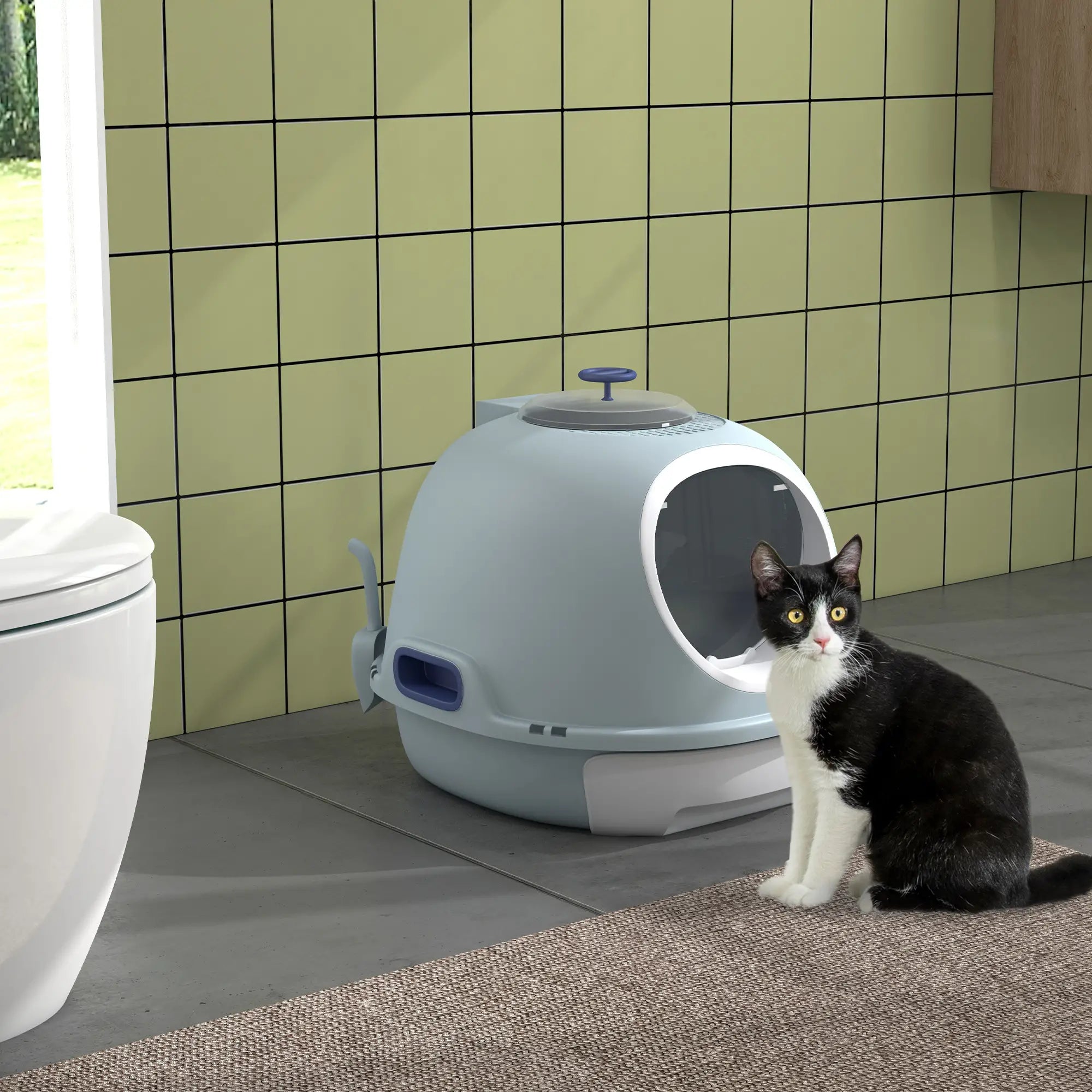 Cat Litter Box Toilet with Litter Scoop Enclosed Drawer, Front Entry Top Exit, Easy To Clean Blue