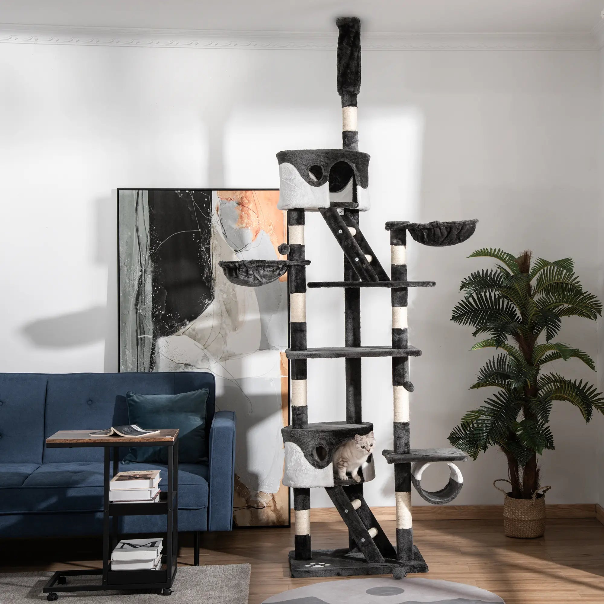 Floor-to-Ceiling Cat Tree for Indoor Cats, 240-260cm Adjustable Cat Tree - White Bargain Clearance Centre
