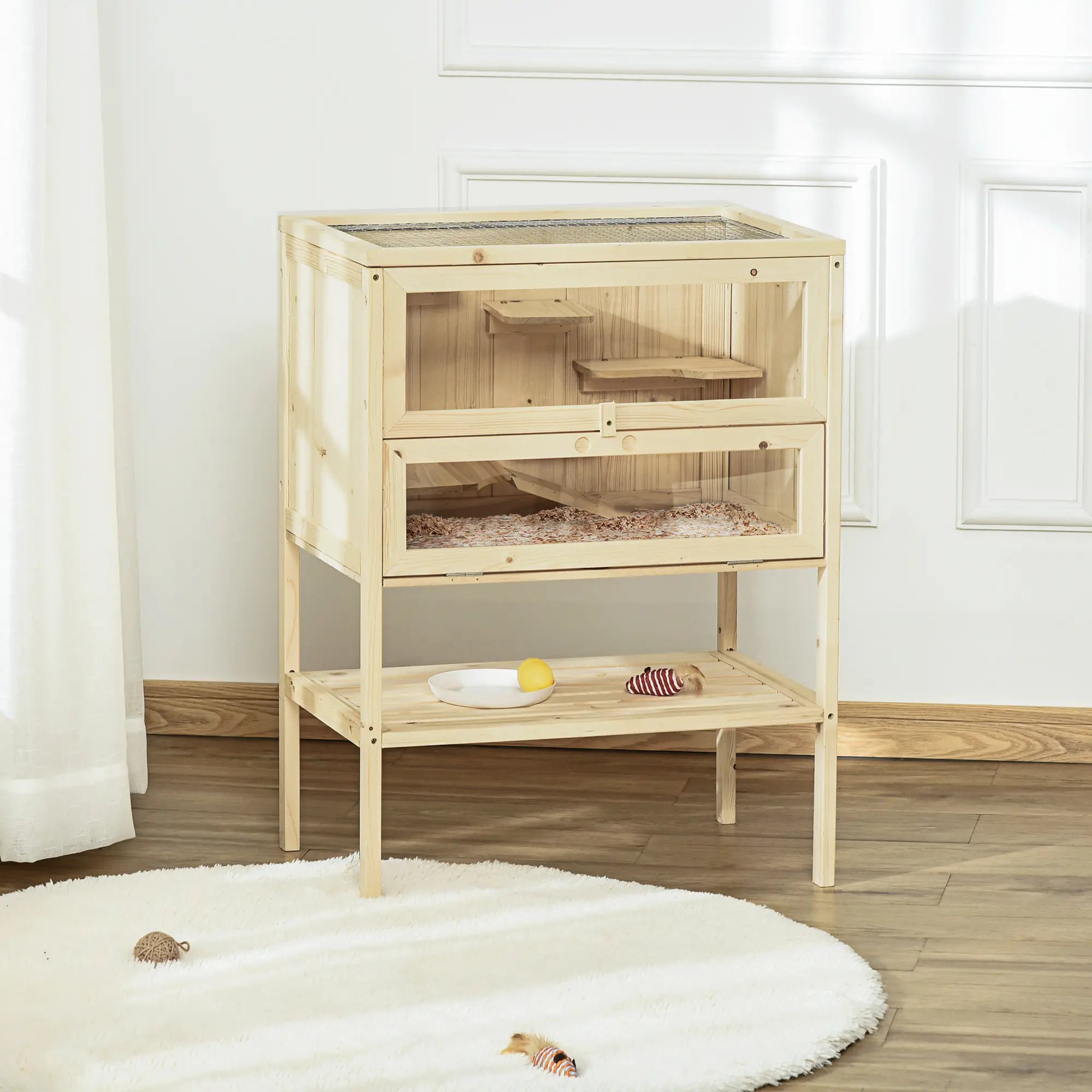 Wooden Hamster Cage with Storage Shelf, Small Animal Exercise Play House with Openable Top, for Hamsters, Gerbils, 60 x 40 x 80 cm - Natural