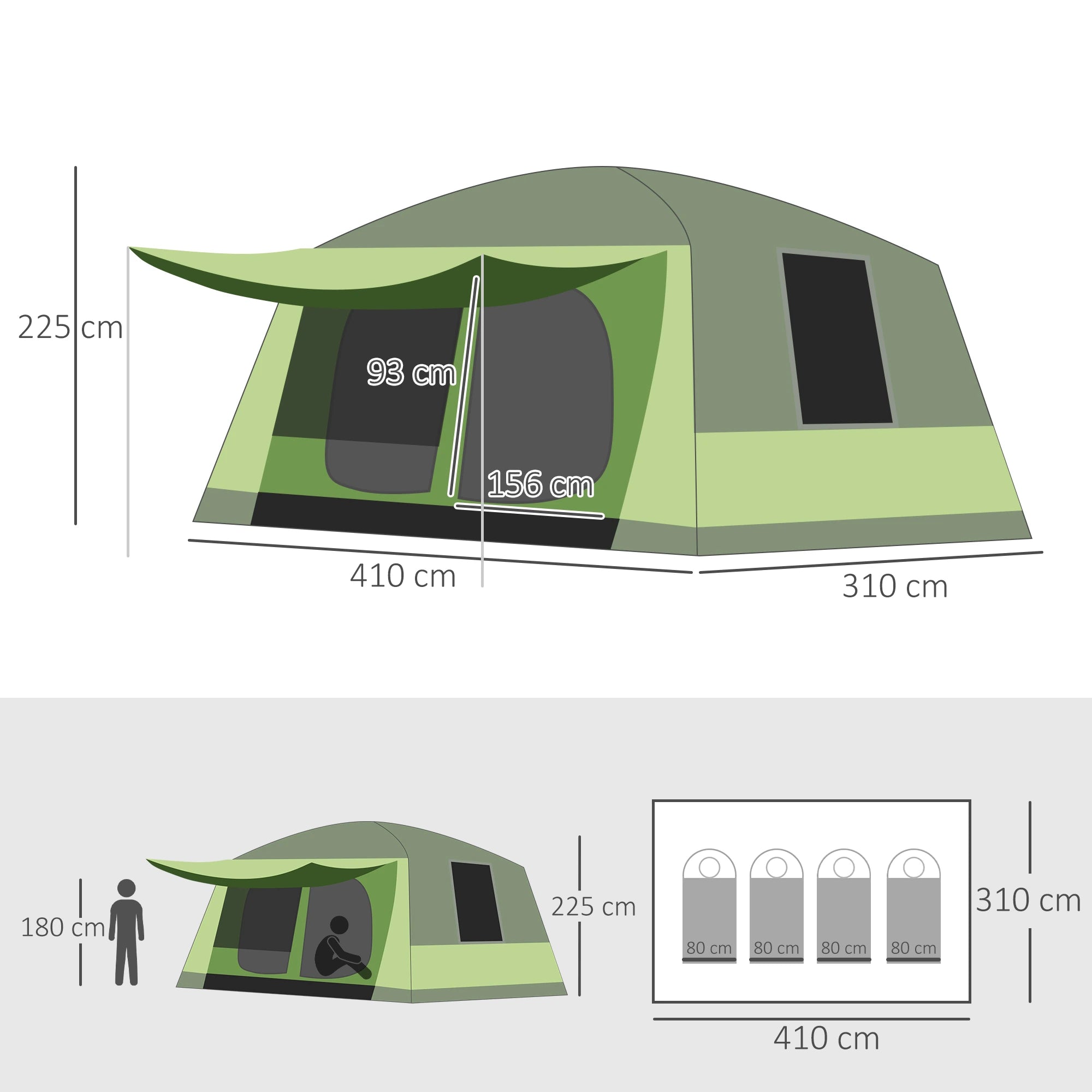 Tunnel Tent Camping Shelter w/ Porch, Two Rooms, Lamp Hook, Portable Carry Bag