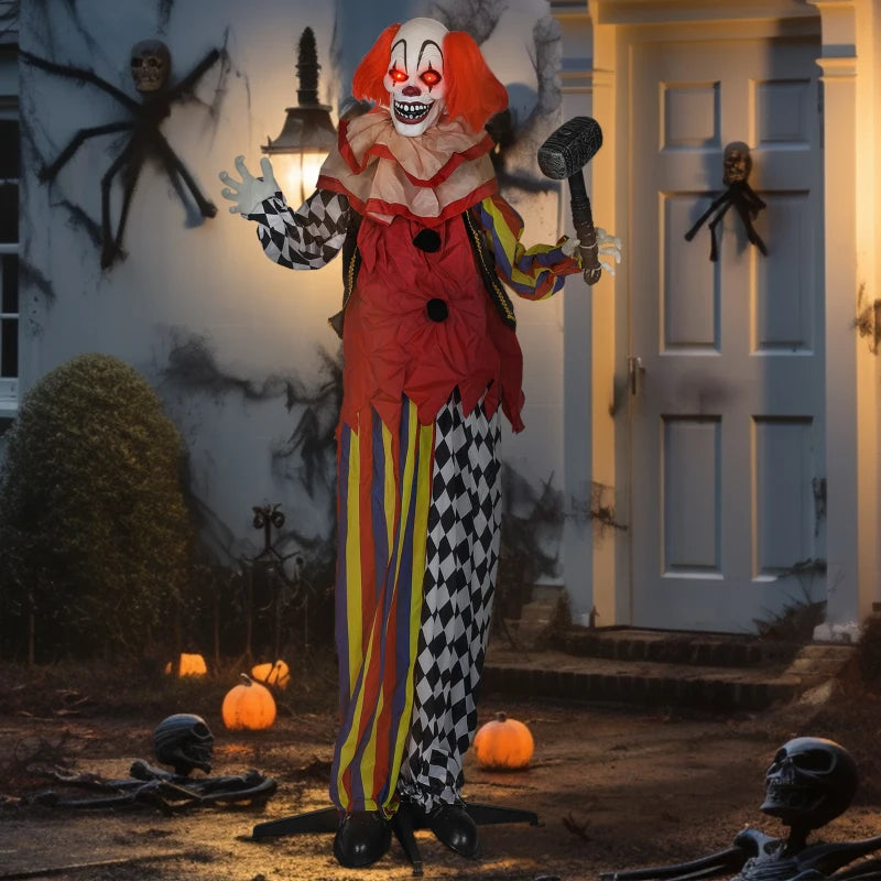 173 cm Life Size Halloween Animated Standing Clown & Hammer with Red Light Up Eyes, Sound Activated Moving Arms & Head, Scary Clown Halloween Decorations, Battery Operated, Indoor Party Props