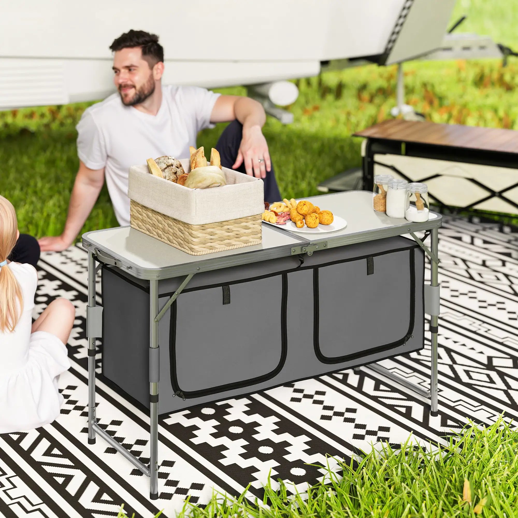 4ft Folding Camping Cupboard Kitchen, Height Adjustable Aluminium Camping Table with Storage, Lightweight Picnic Table for Outdoor Garden BBQ Party