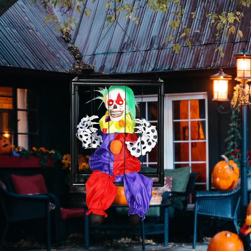 Halloween Animated Hinging Clown in Cage with Glowing LED Eyes, Spooky Clown Scary Halloween Decorations, Battery Operated, Indoor Party Props