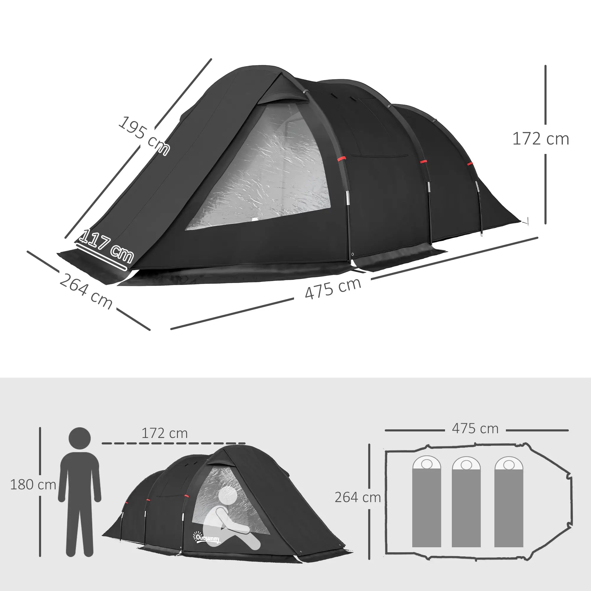 3-4 Man Tunnel Tent, Two Room Camping Tent with Windows, Portable Carry Bag, for Fishing, Hiking, Sports, Festival - Black