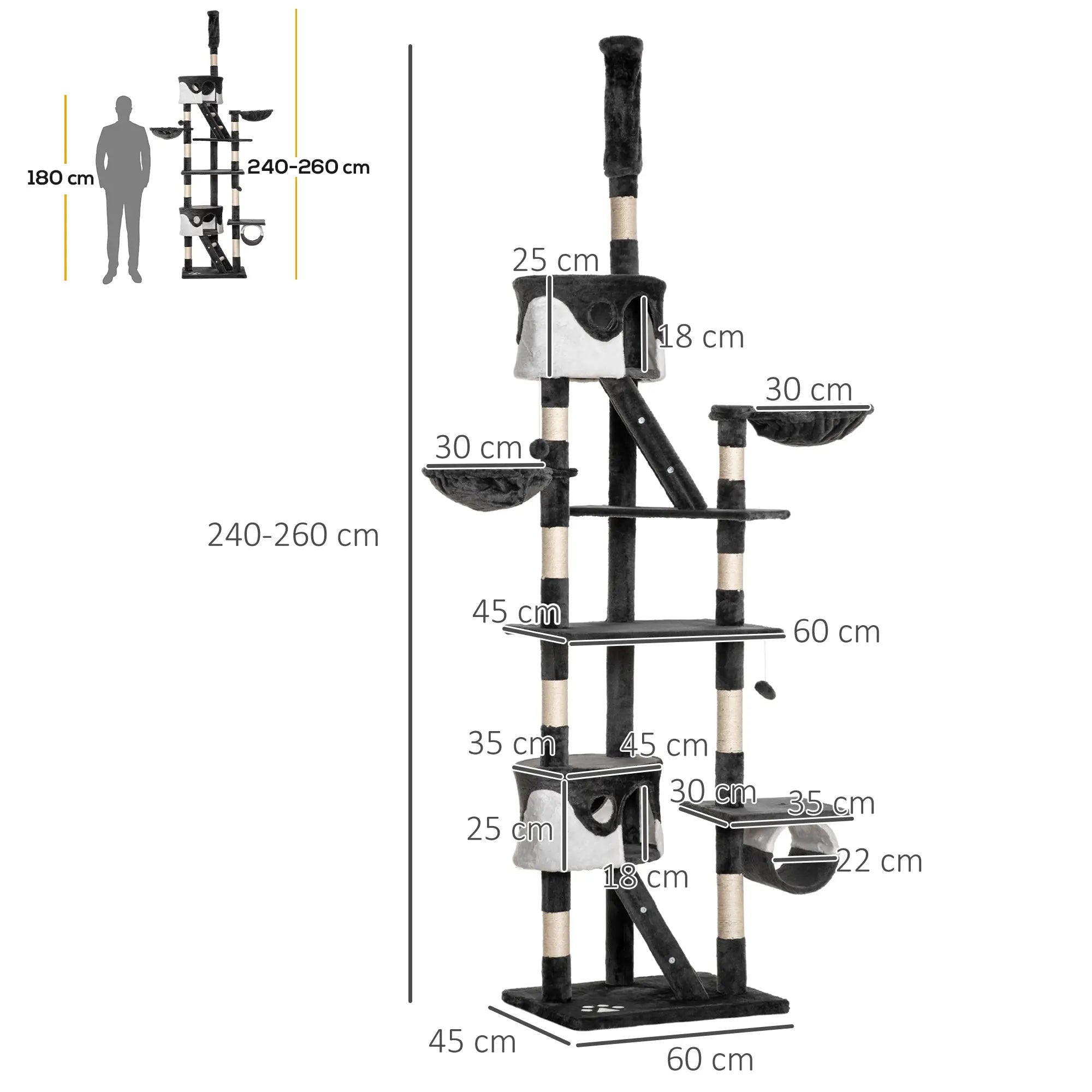 Floor-to-Ceiling Cat Tree for Indoor Cats, 240-260cm Adjustable Cat Tree - White Bargain Clearance Centre