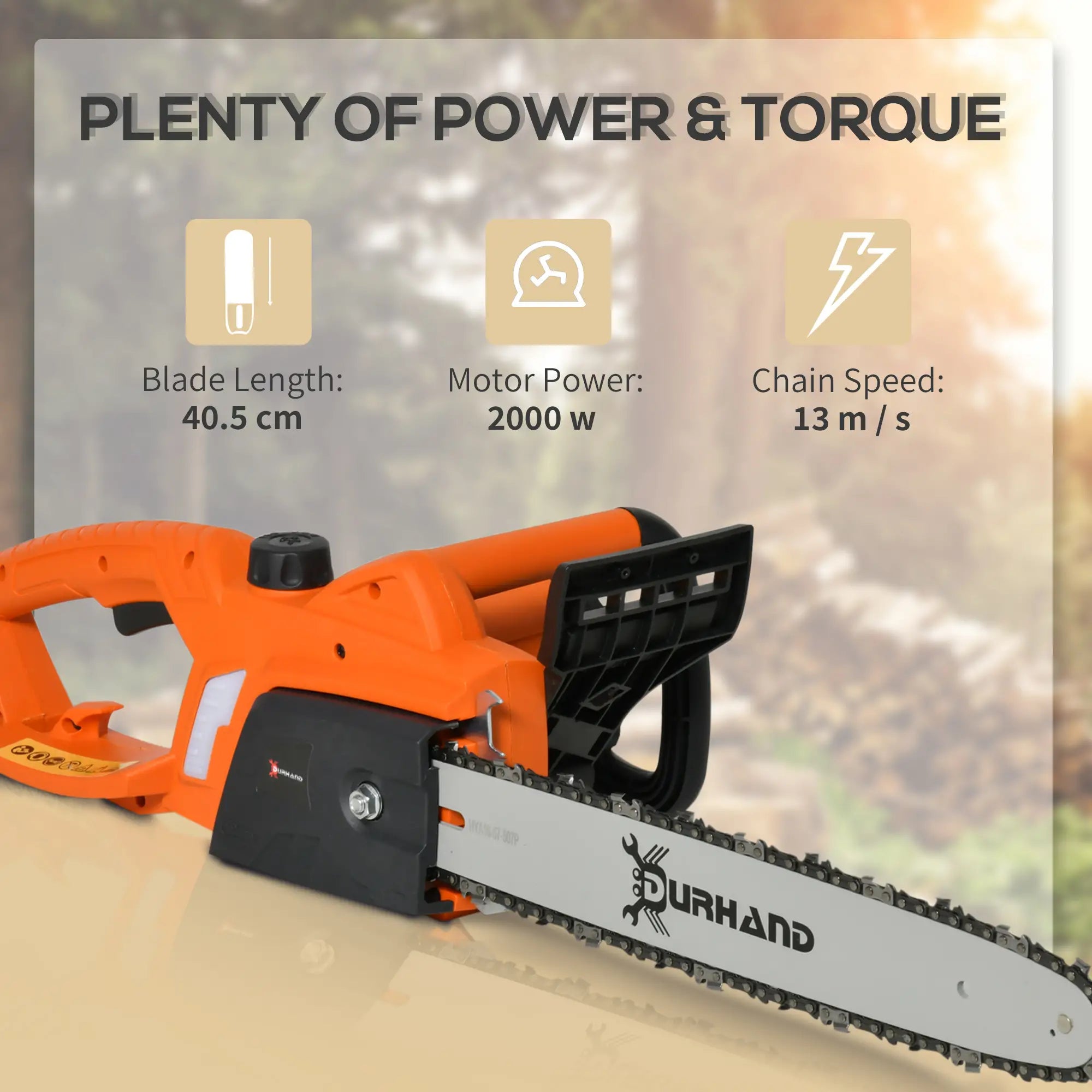 Aluminium Electric Chainsaw with Double Brake Protection and Blade Cover, 2000 W, 40 cm, for Wood, Trees and Branches, Orange