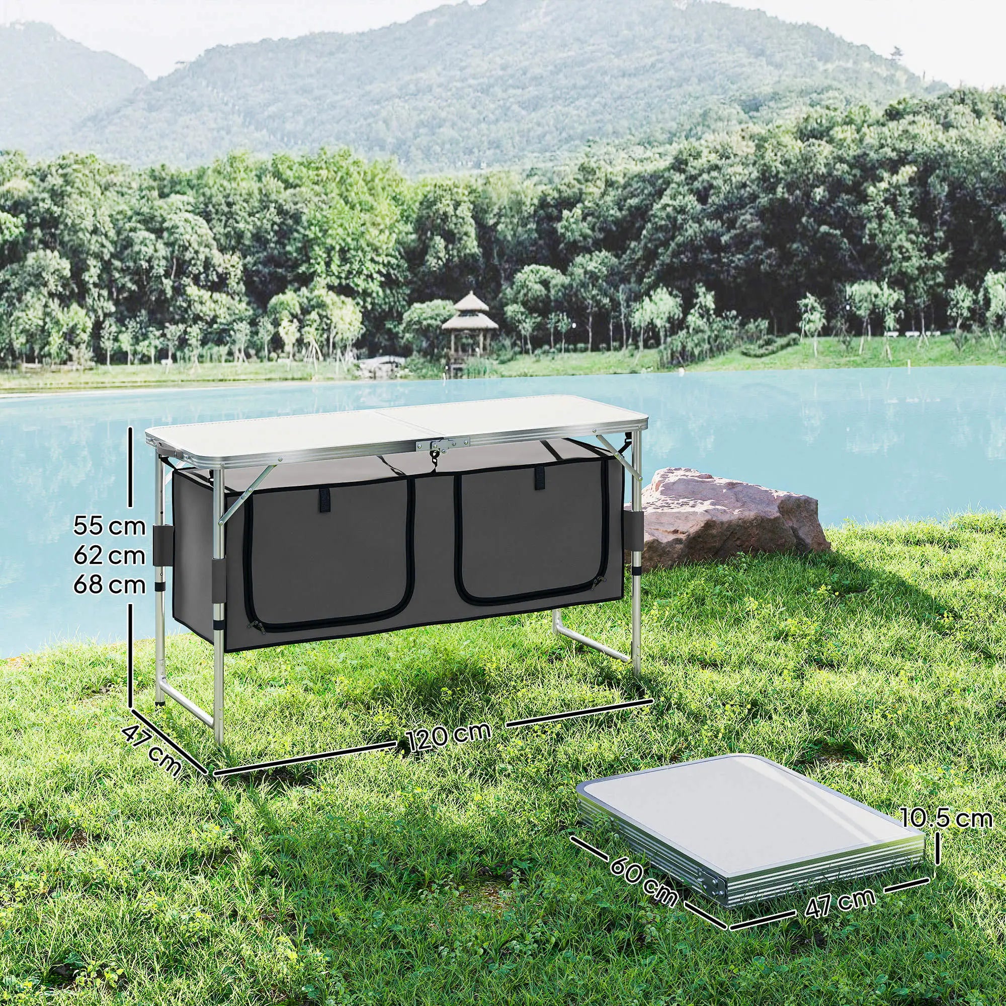 4ft Folding Camping Cupboard Kitchen, Height Adjustable Aluminium Camping Table with Storage, Lightweight Picnic Table for Outdoor Garden BBQ Party