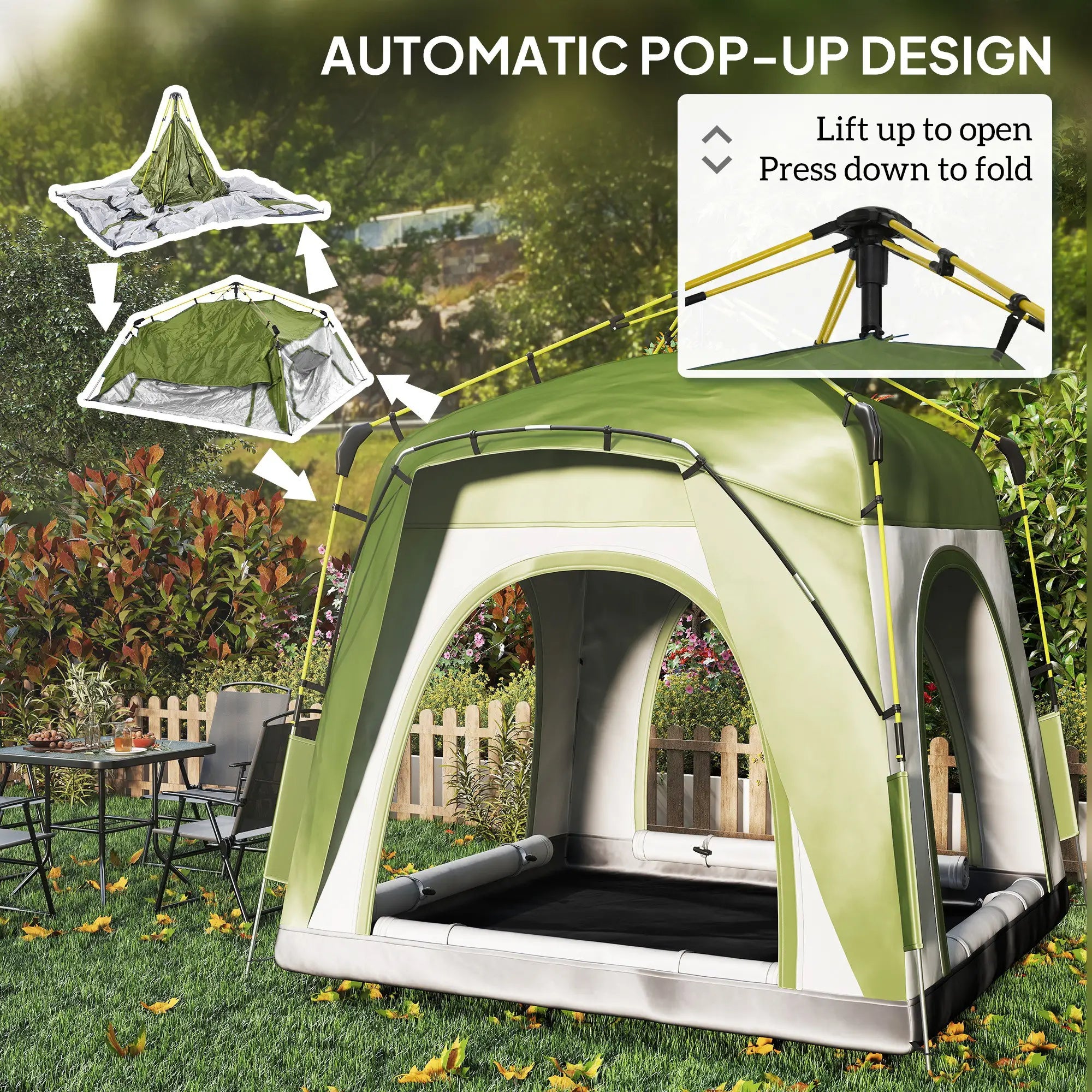 Instant Pop Up Camping Tent, 4 Man Dome Tent with 4 Doors, Sewn-in Groundsheet, Carry Bag and Top Hook for Fishing Hiking Festival, Green