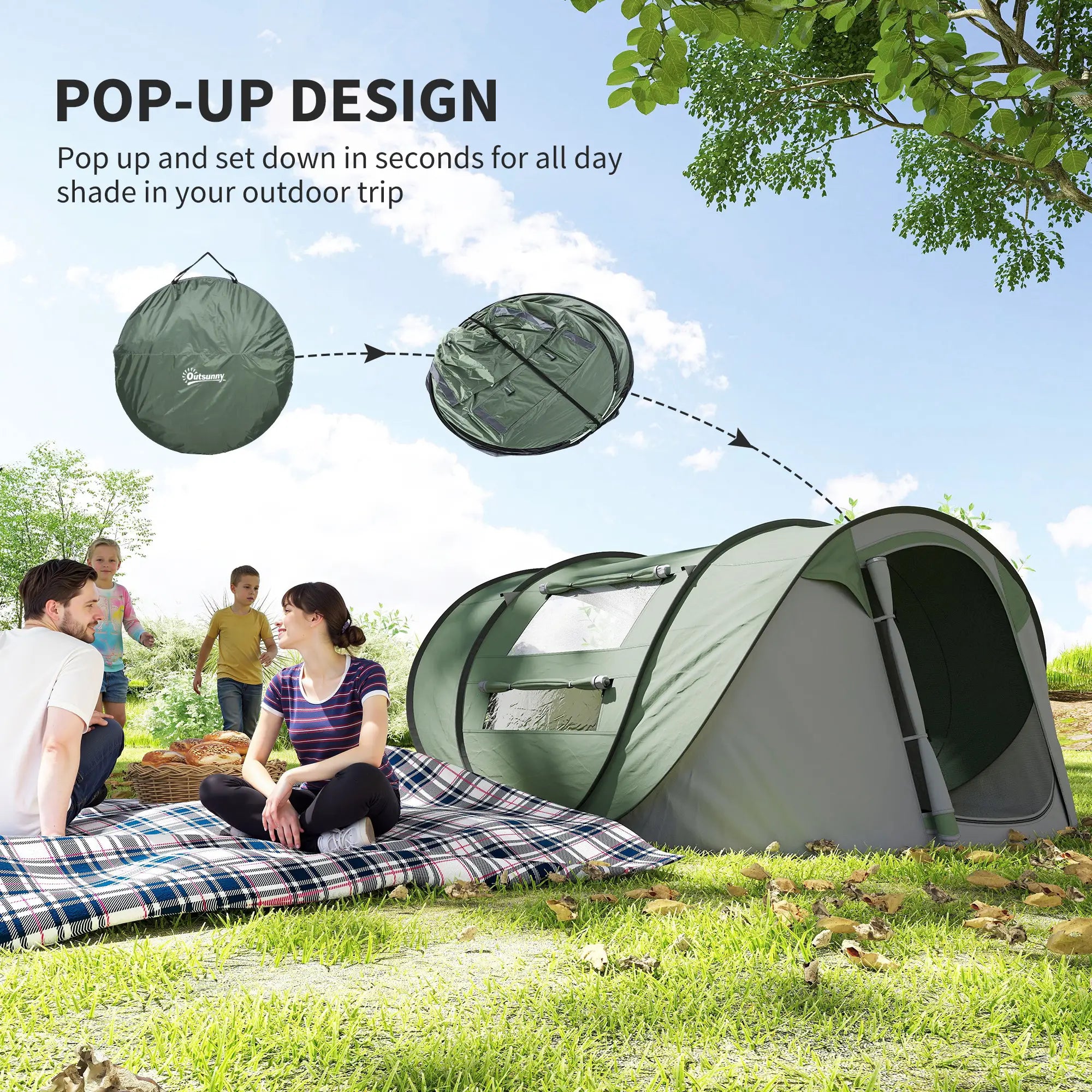 4 Person Pop-up Camping Tent Family Tent with Ground Sheet, 4 Windows and Portable Carry Bag for Beach Outdoor Trip, Dark Green